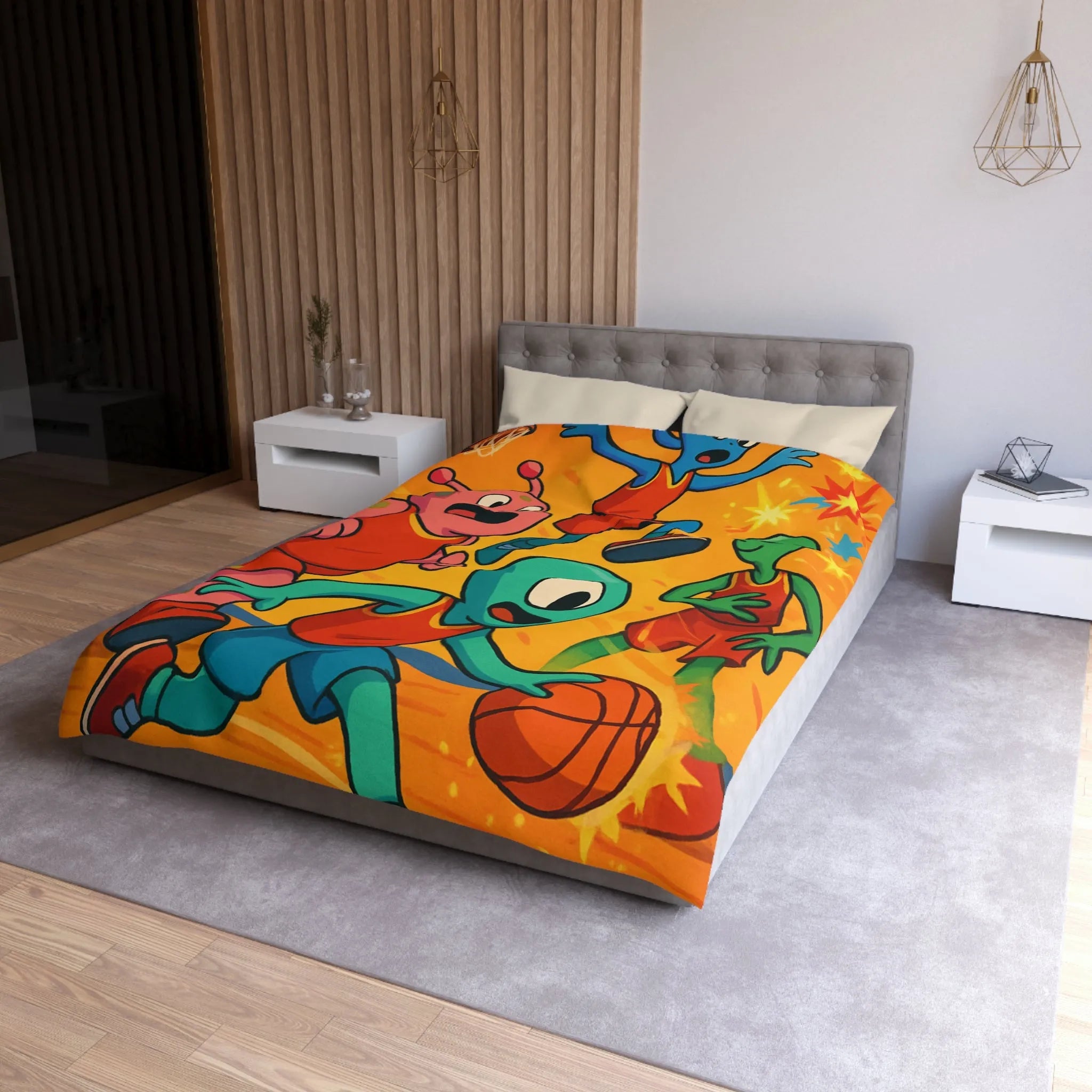 Housse de couette alien colorée pour chambre d'enfant avec thème basket et espace