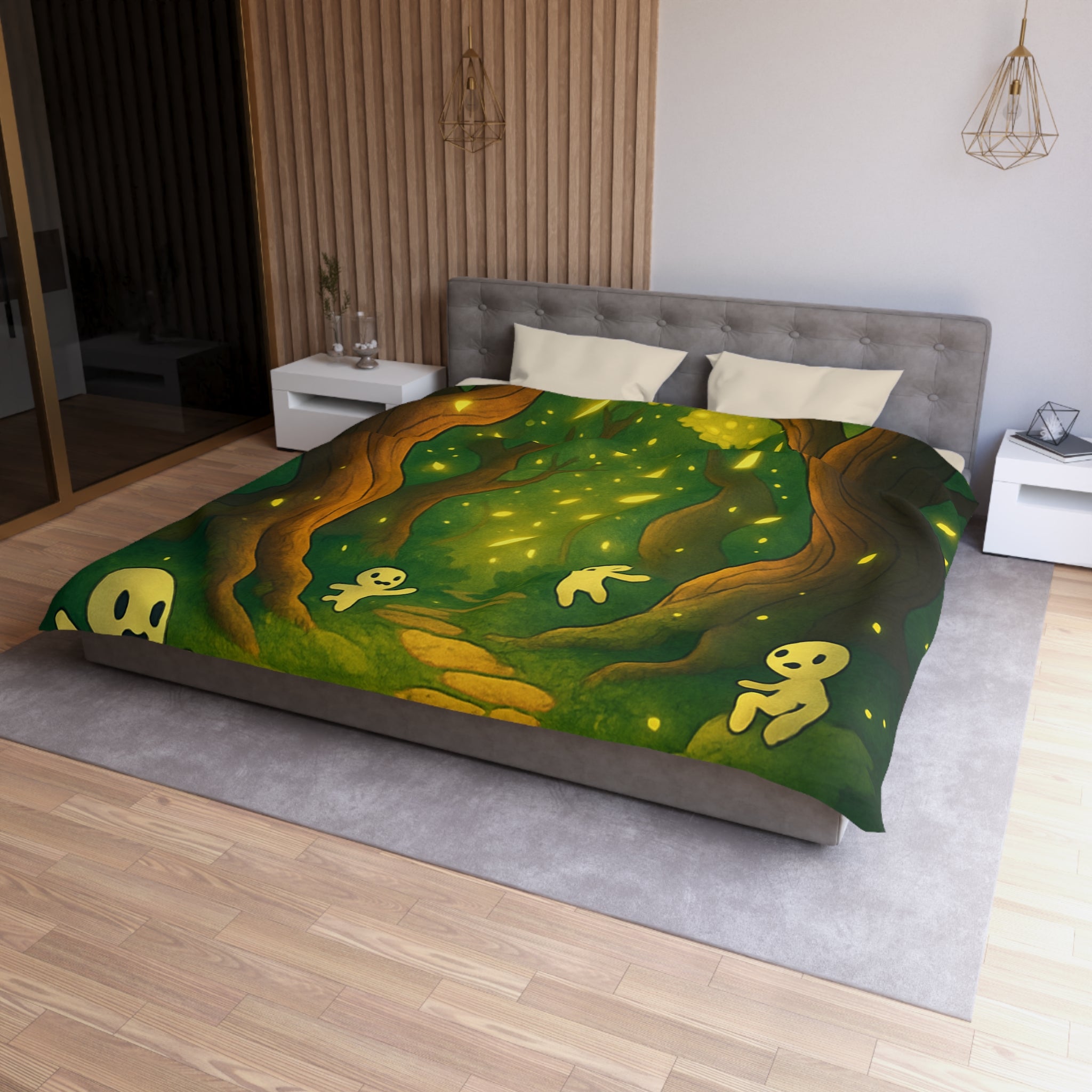 Housse de couette motif forêt magique avec créatures lumineuses ambiance apaisante