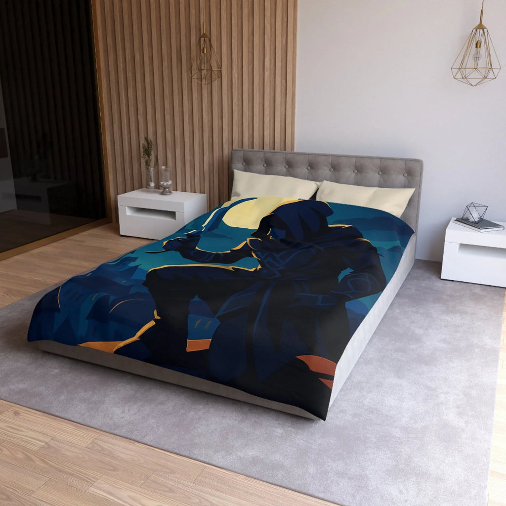 Housse de couette avec silhouette de voleur menaçant sous une pleine lune brillante