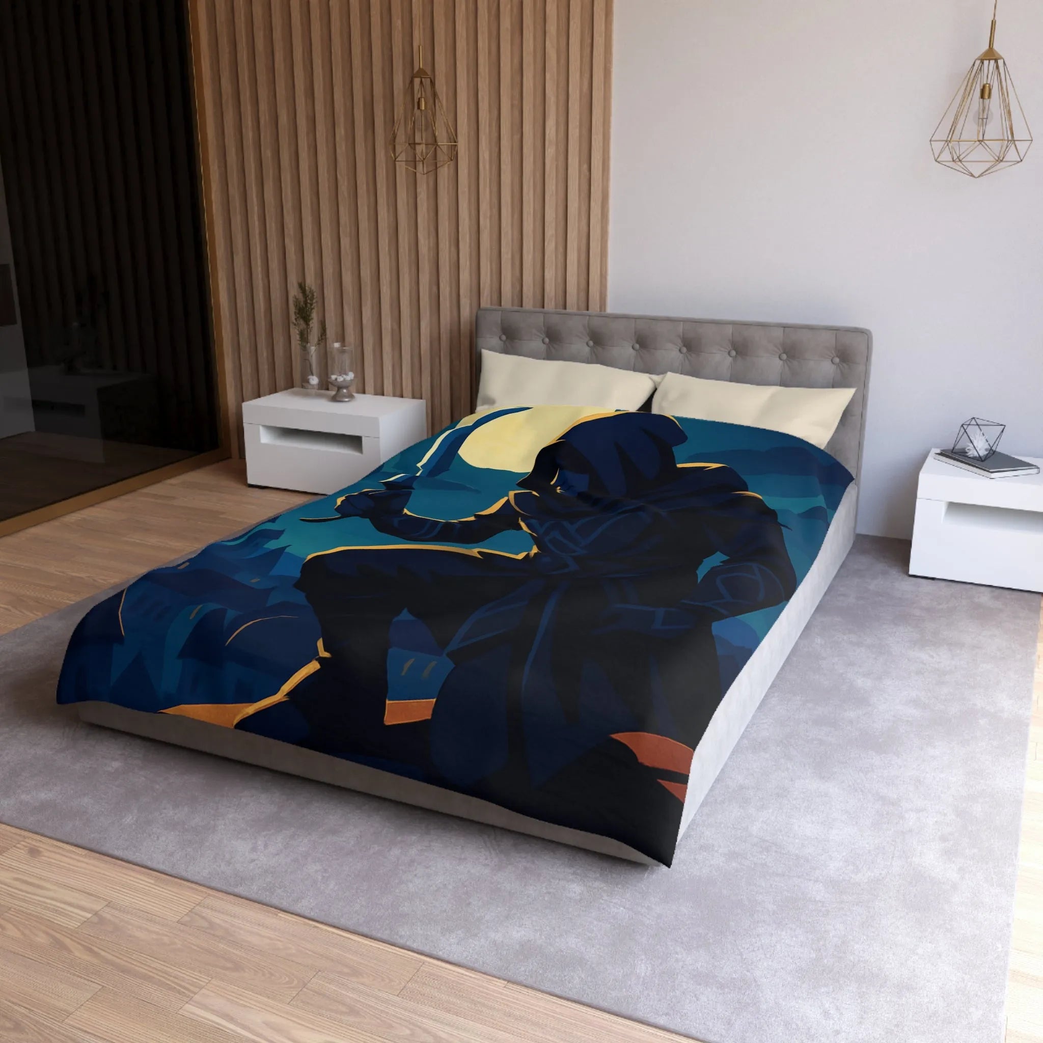 Housse de couette avec silhouette de voleur menaçant sous une pleine lune brillante