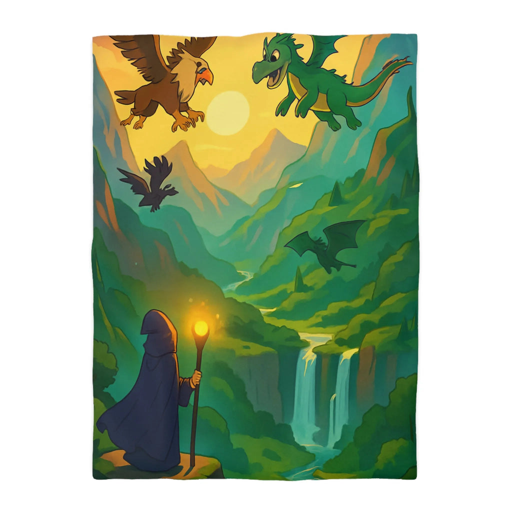 Épopée fantastique avec dragon et sorcier dans vallée mystique pour chambre aventureuse