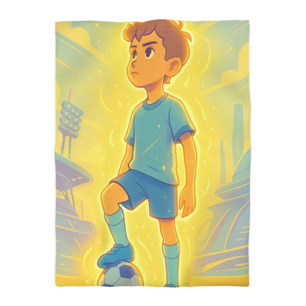 Housse de couette inspirée d'un jeune footballeur en action avec ambiance lumineuse