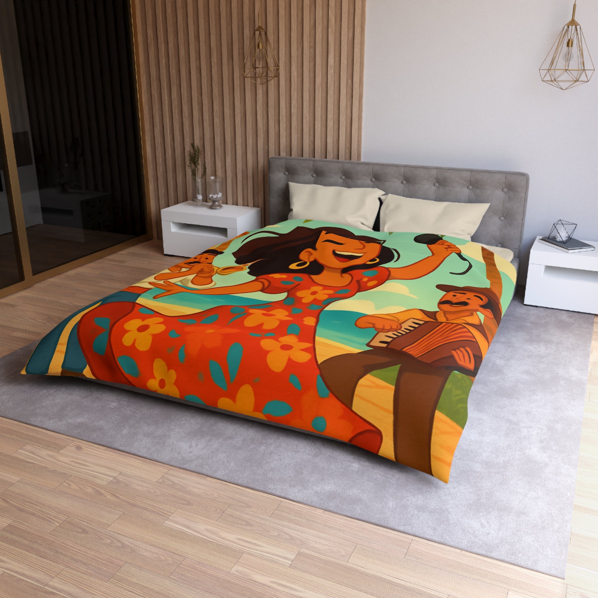 Housse de couette tropicale colorée avec danseuse et musiciens, ambiance joyeuse et festive