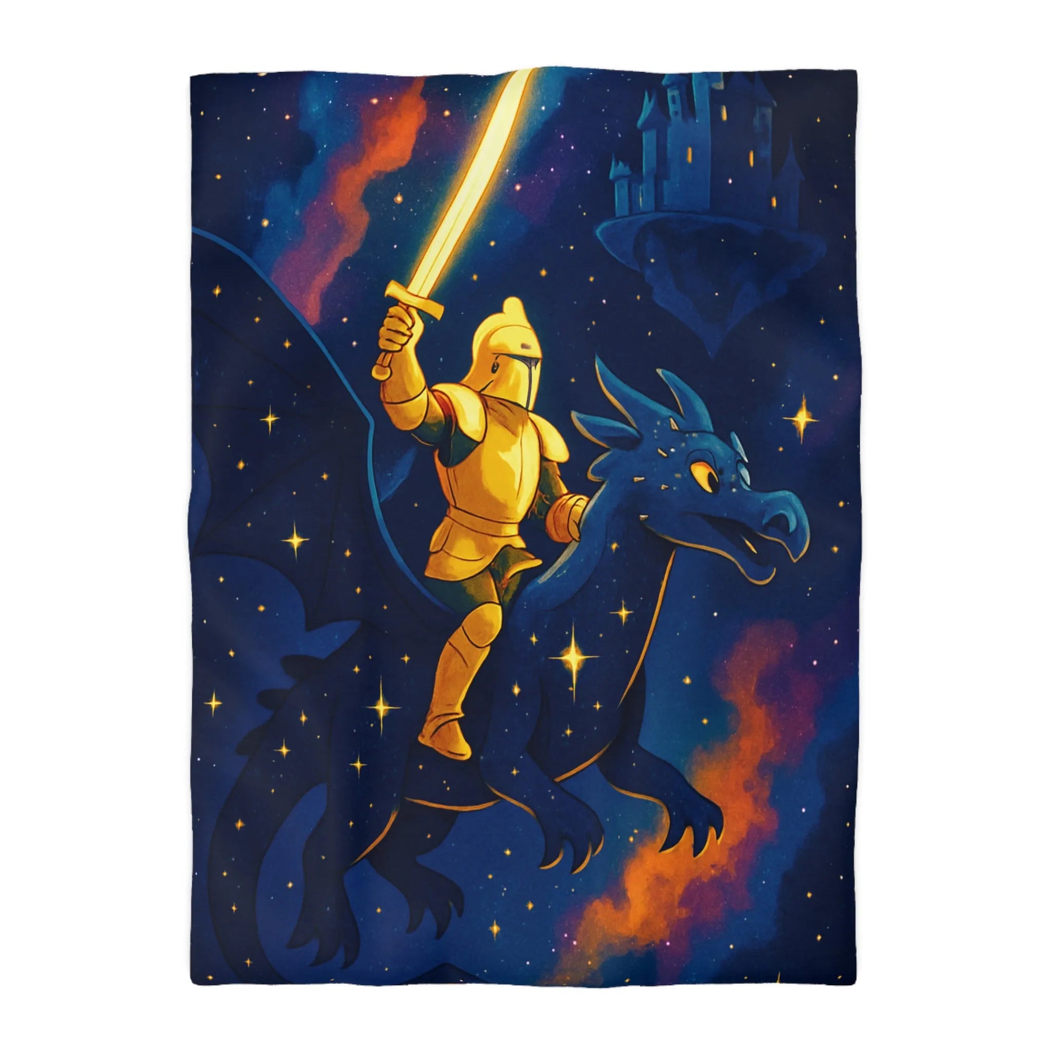 Housse de couette avec chevalier et dragon volant sous étoiles et château magique