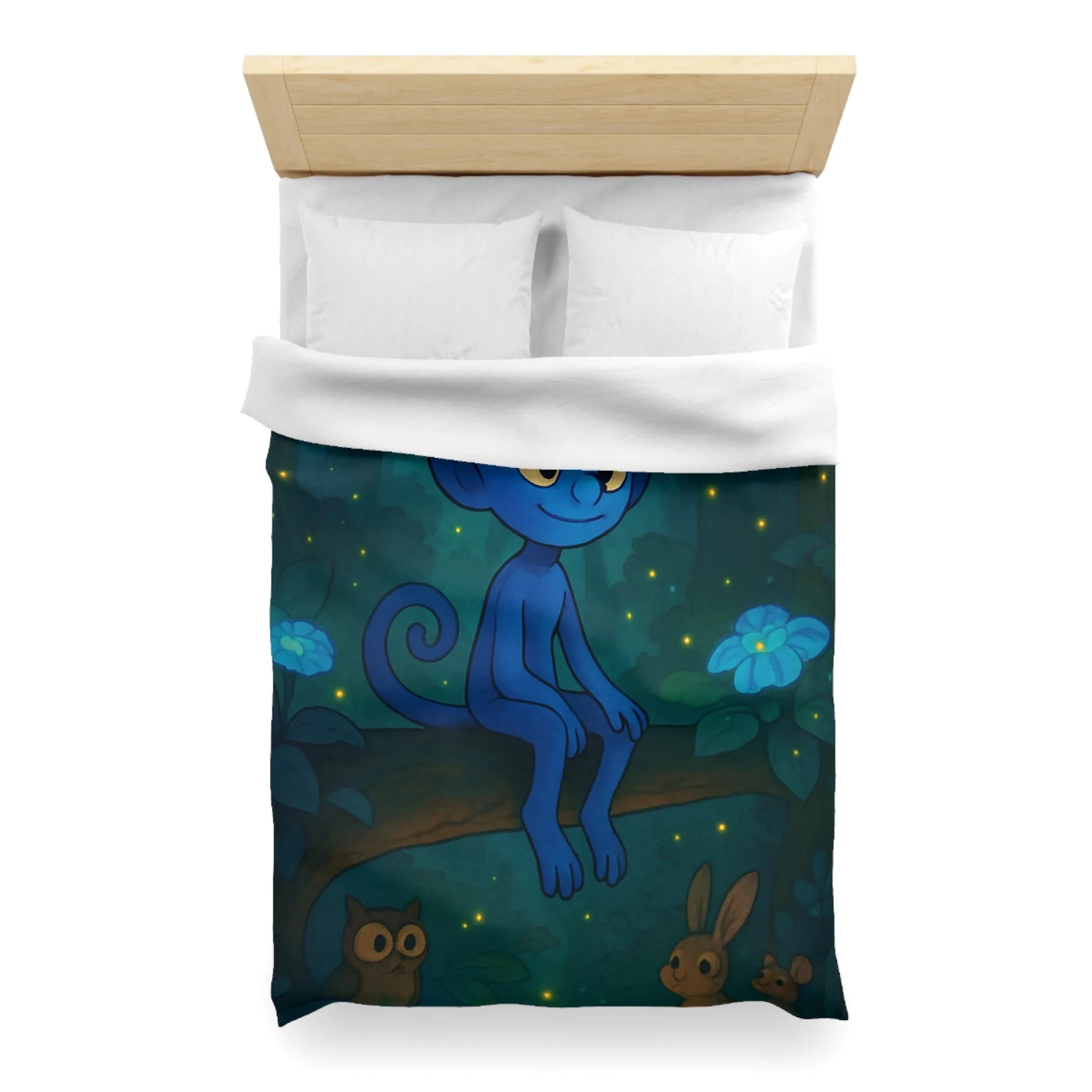 Housse de couette magique avec créature bleue lumineuse et forêt enchantée nocturne