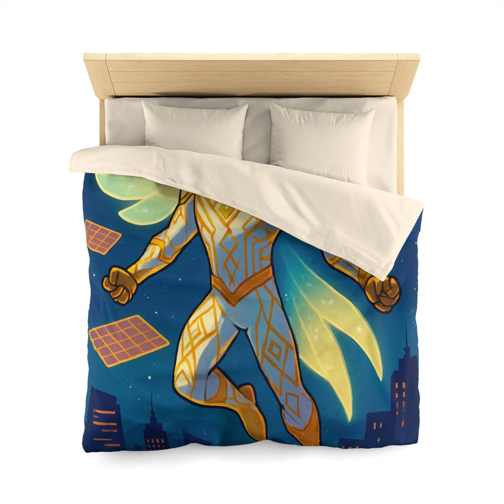 Housse de couette avec héros ailé lumineux sur ciel étoilé et ville futuriste