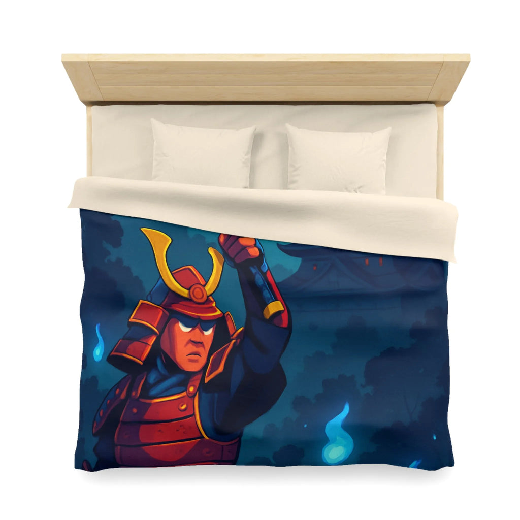 Housse de couette épique samouraï sous lune avec château en arrière-plan mystique