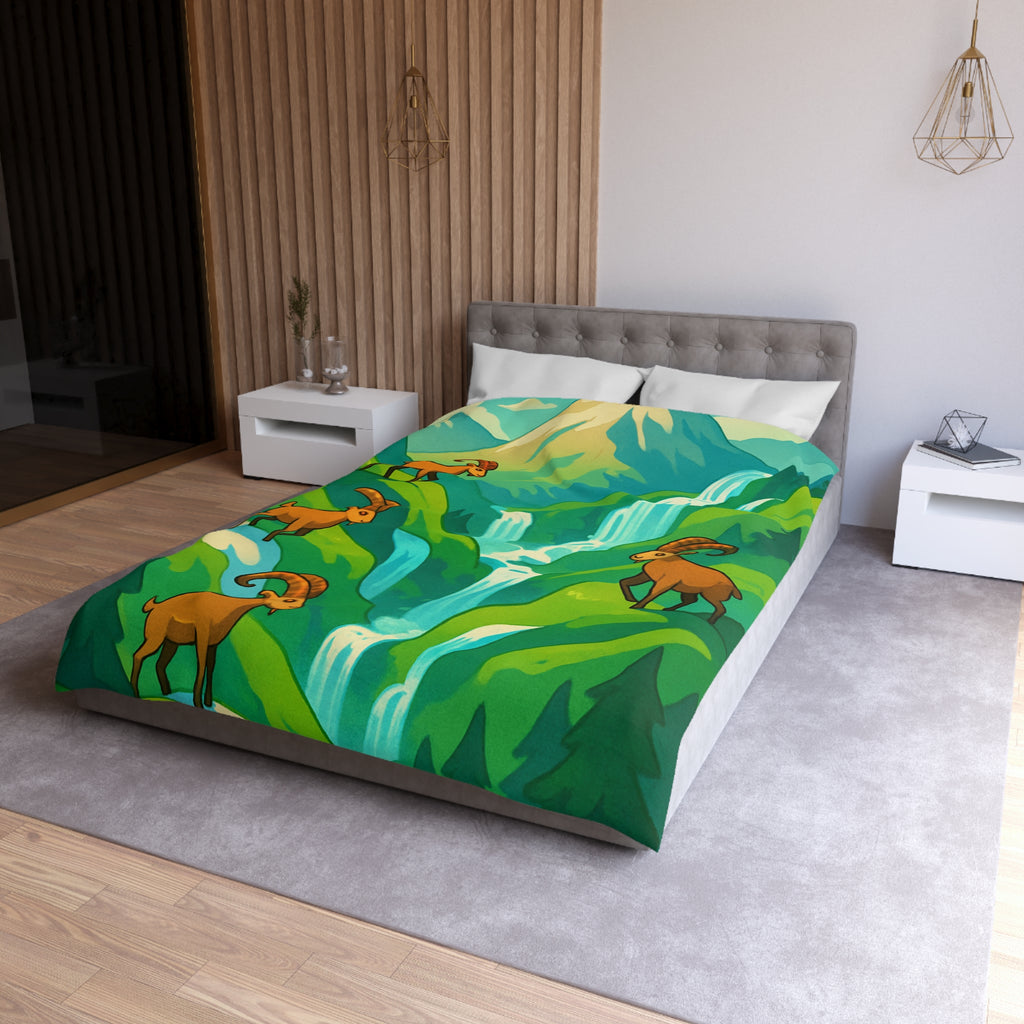 Housse de couette montagneuse avec bouquetins et cascades pour chambre paisible
