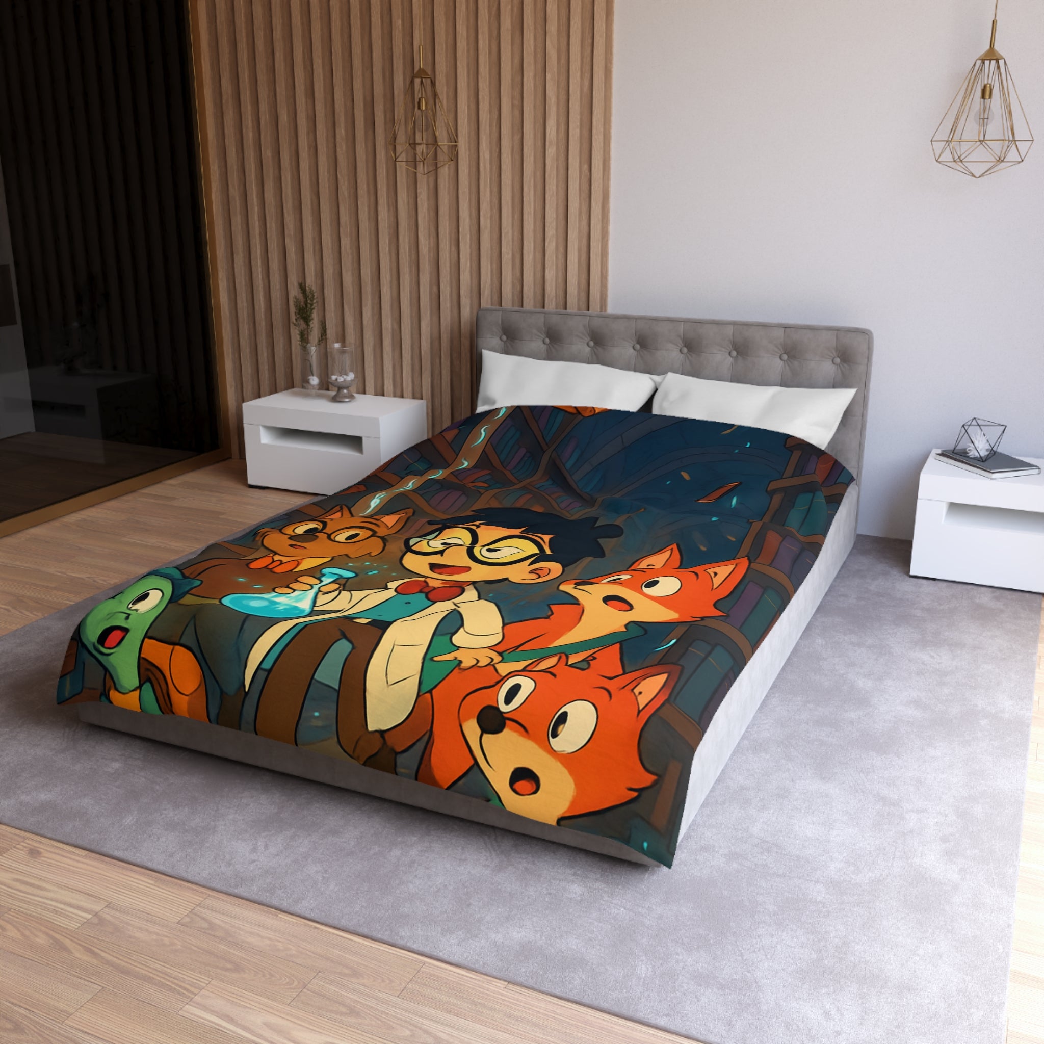 Housse de couette pour enfants avec dessin animé de bibliothèque magique et animaux curieux