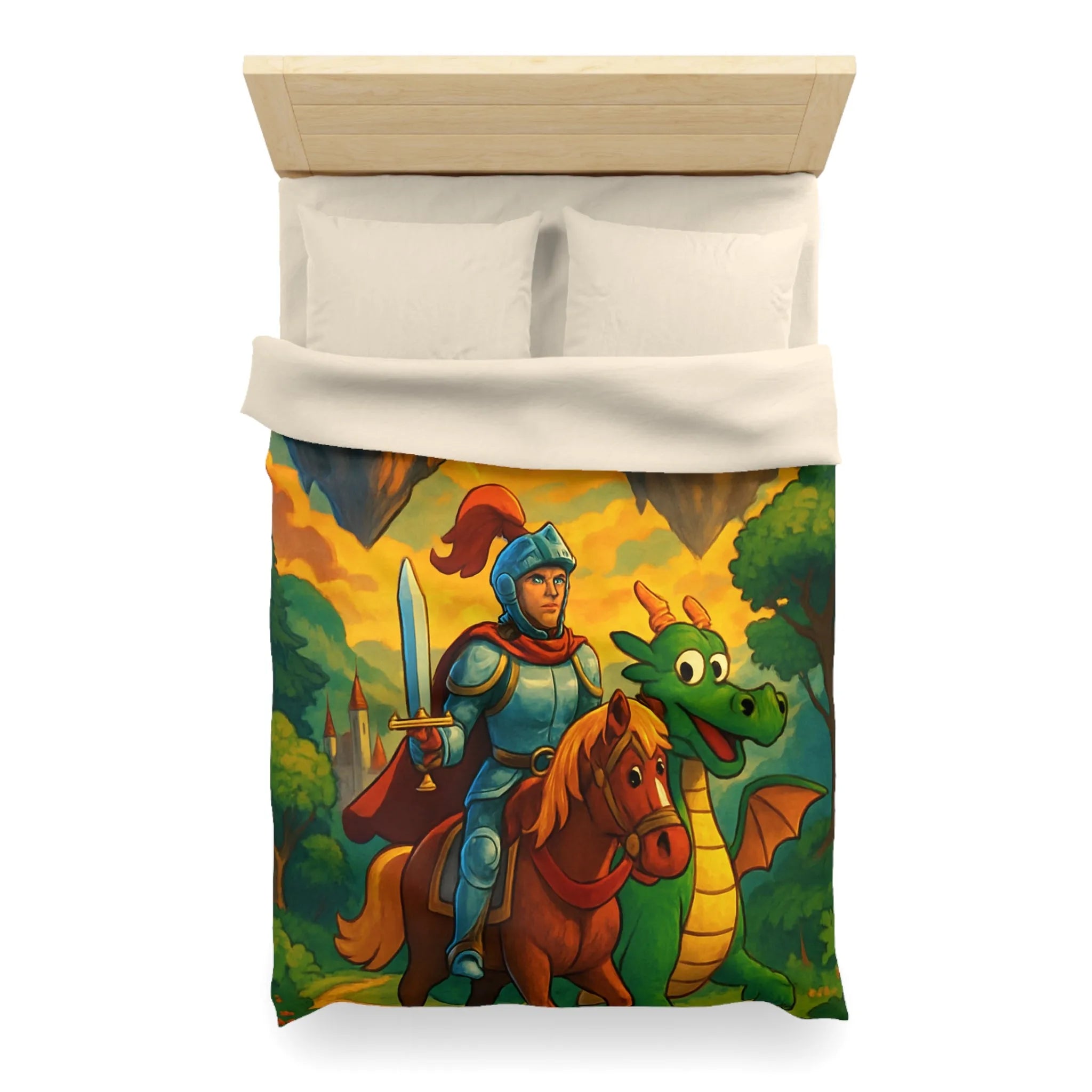 Housse de couette médiévale colorée avec chevalier, dragon et châteaux flottants fantastiques