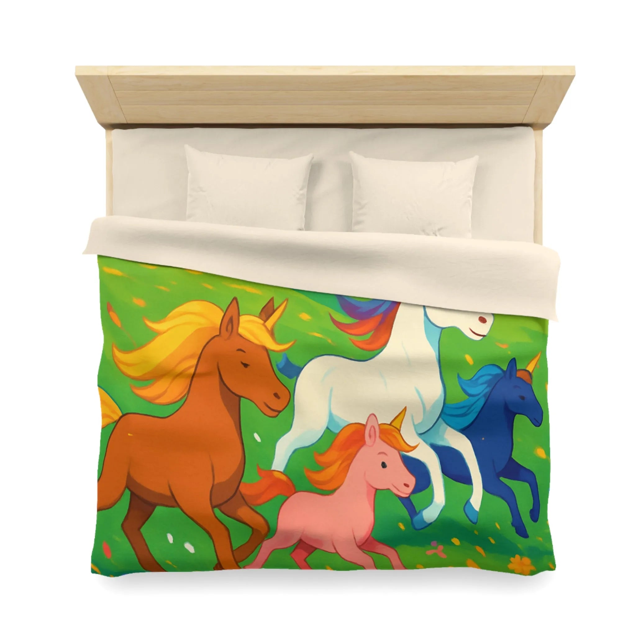 Housse de couette colorée avec prairies luxuriantes et chevaux arc-en-ciel en galop