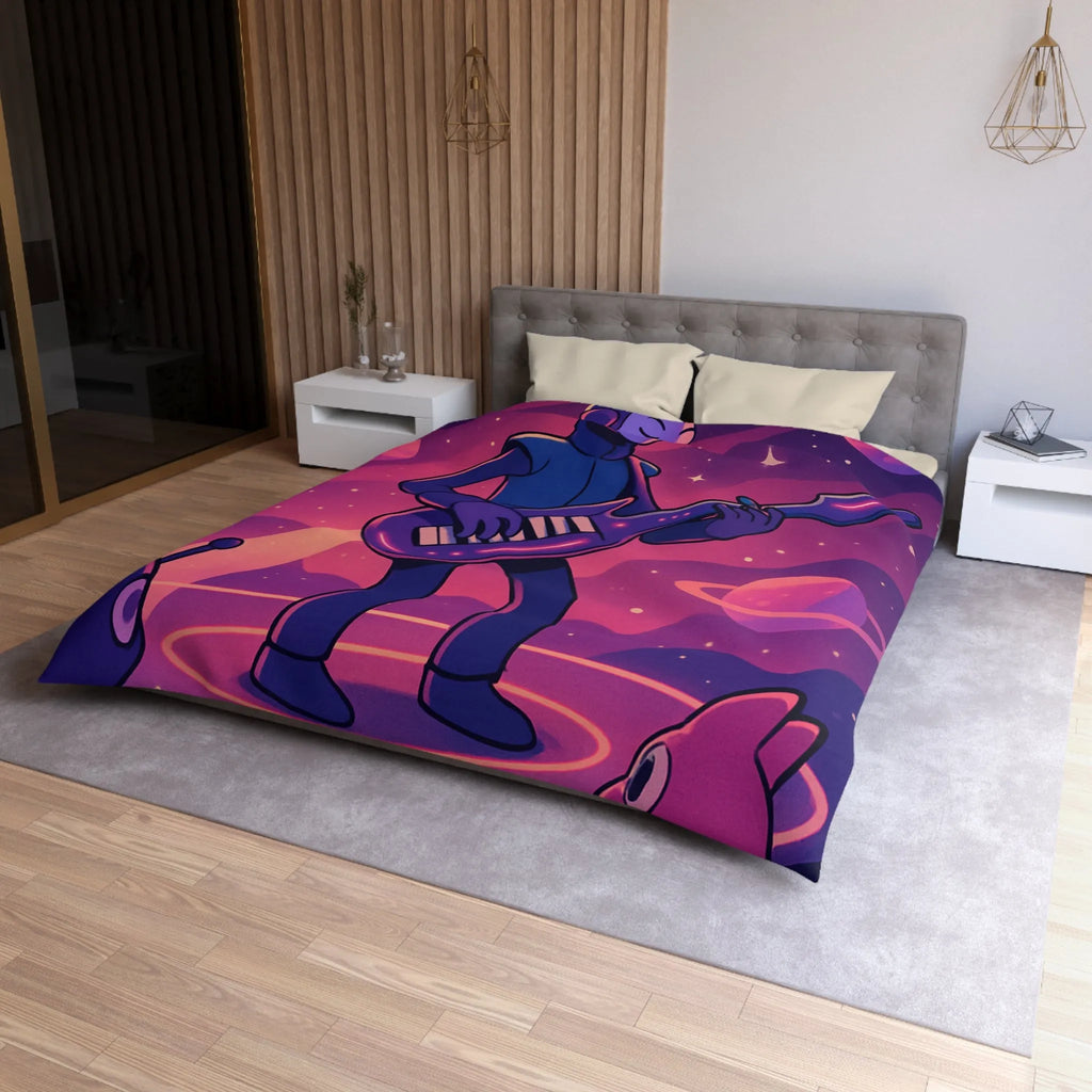 Housse de couette colorée avec astronaute jouant de la guitare dans l’espace cosmique magique