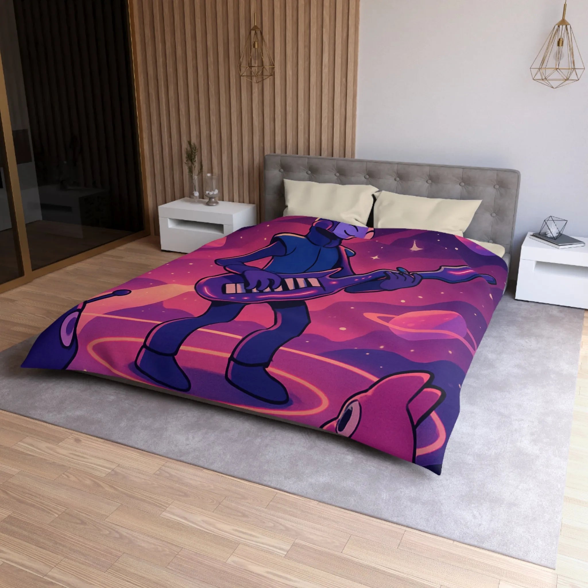 Housse de couette colorée avec astronaute jouant de la guitare dans l’espace cosmique magique
