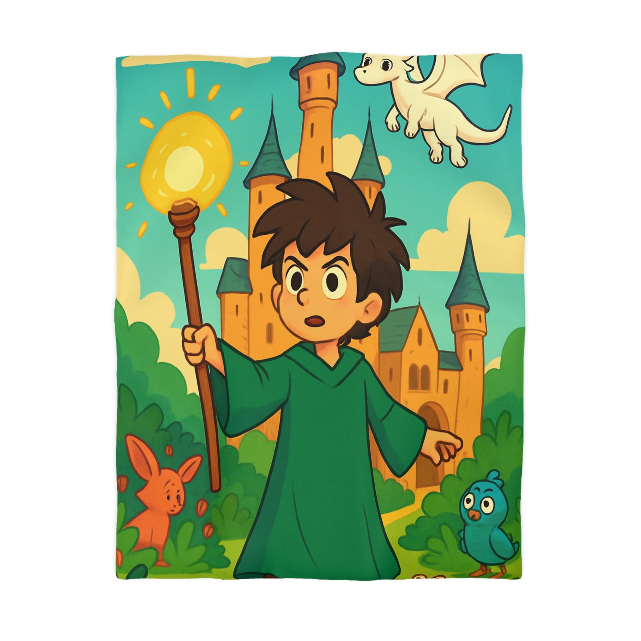 Housse de couette pour enfants avec château magique, dragon et petit magicien coloré