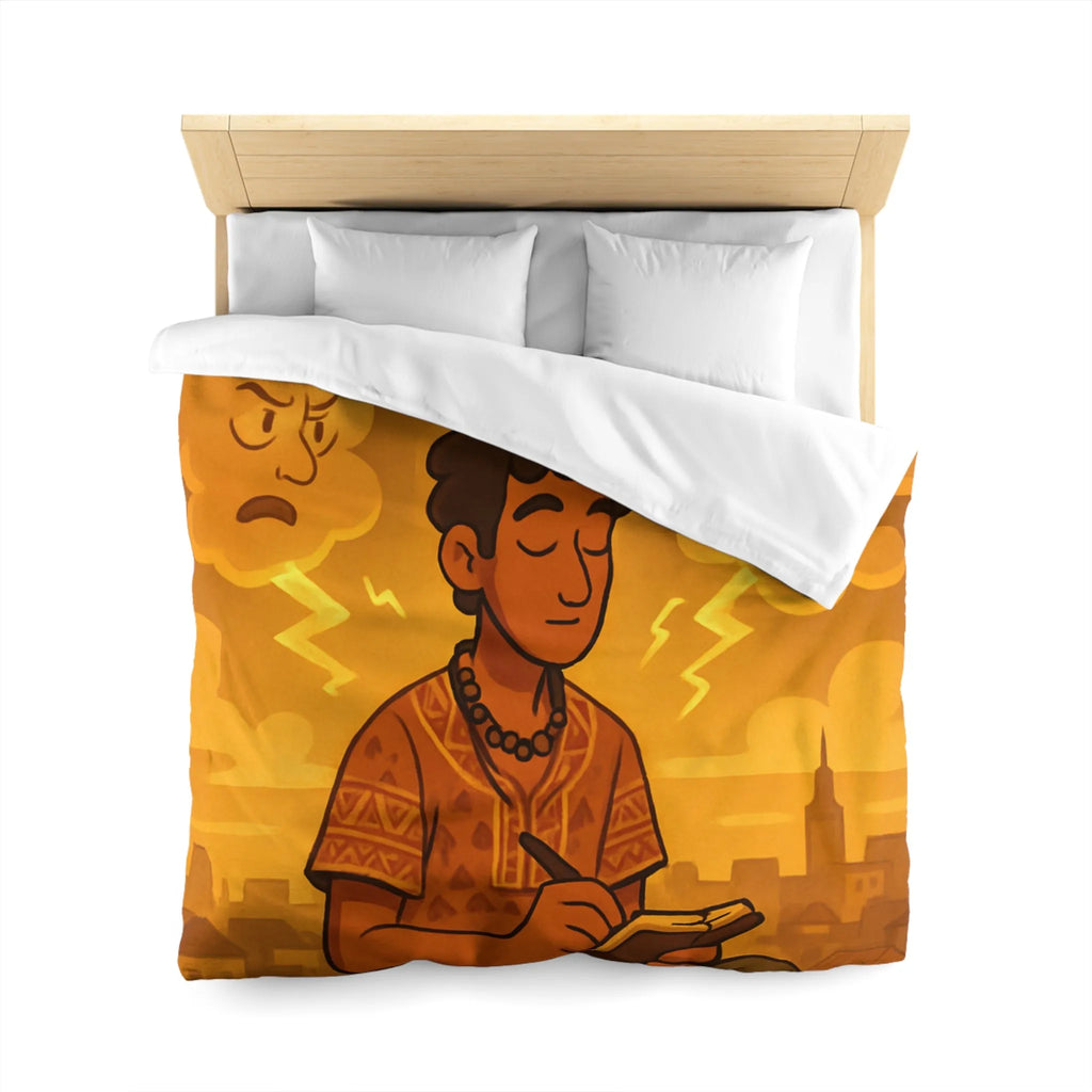 Housse de couette artistique avec motif méditatif, nuageux et expressions émotionnelles illustrées