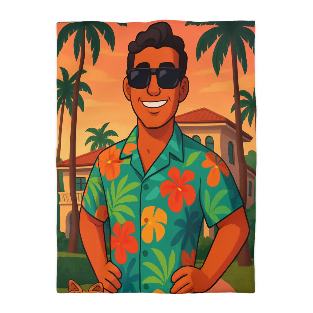 Housse de couette tropicale avec personnage souriant en chemise hawaïenne et palmiers