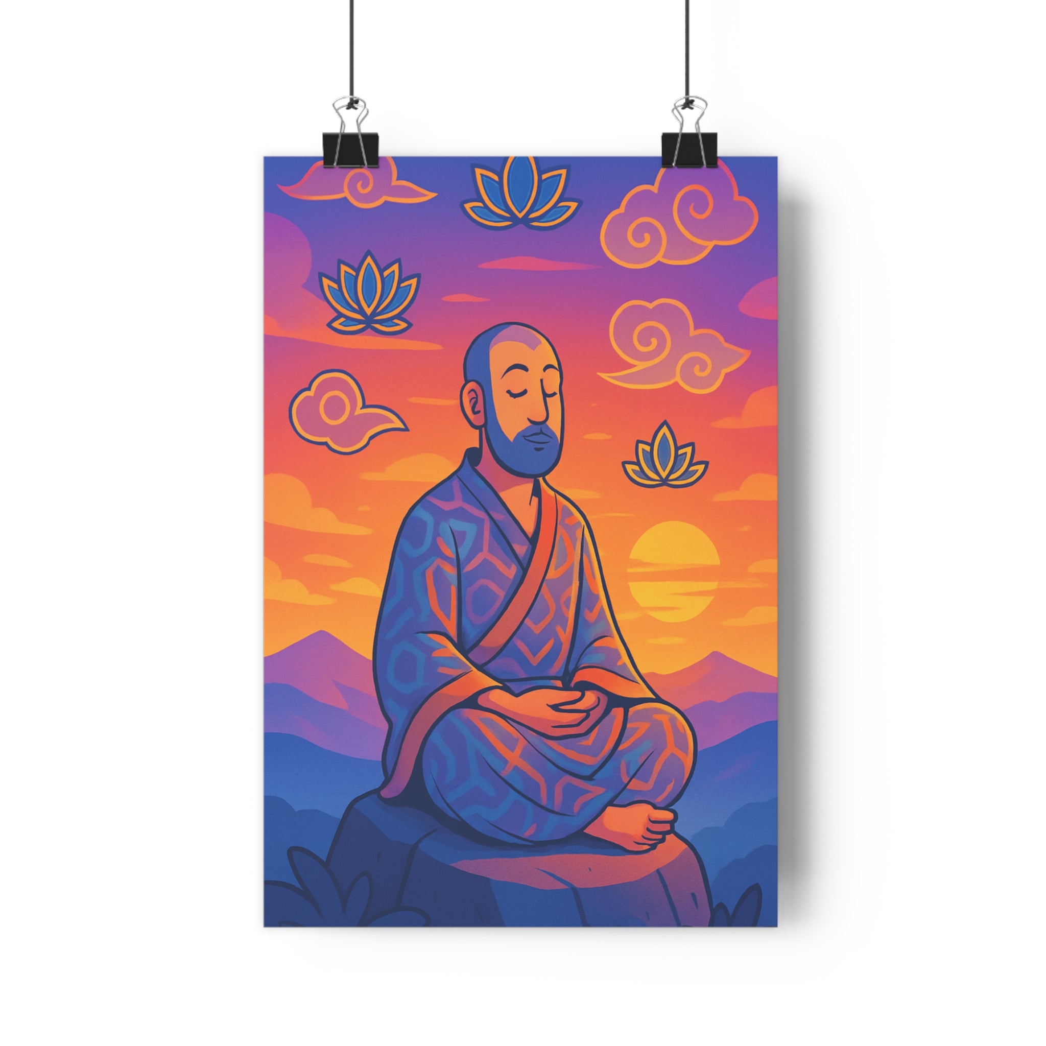 Poster décoratif cartoon zen orange violet méditation moine montagne paisible salon chambre apaisant qualité