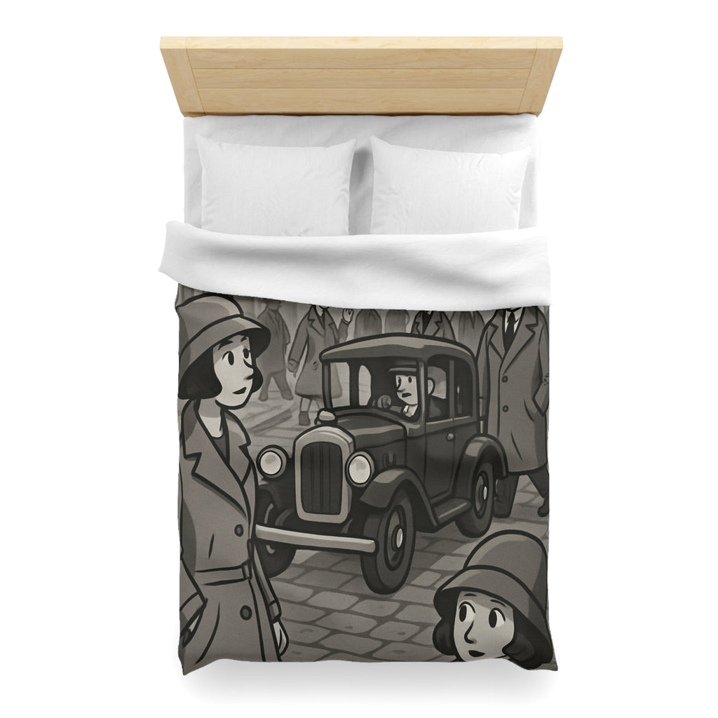 Housse de Couette Vintage avec Rue Animée et Voiture des Années 1930