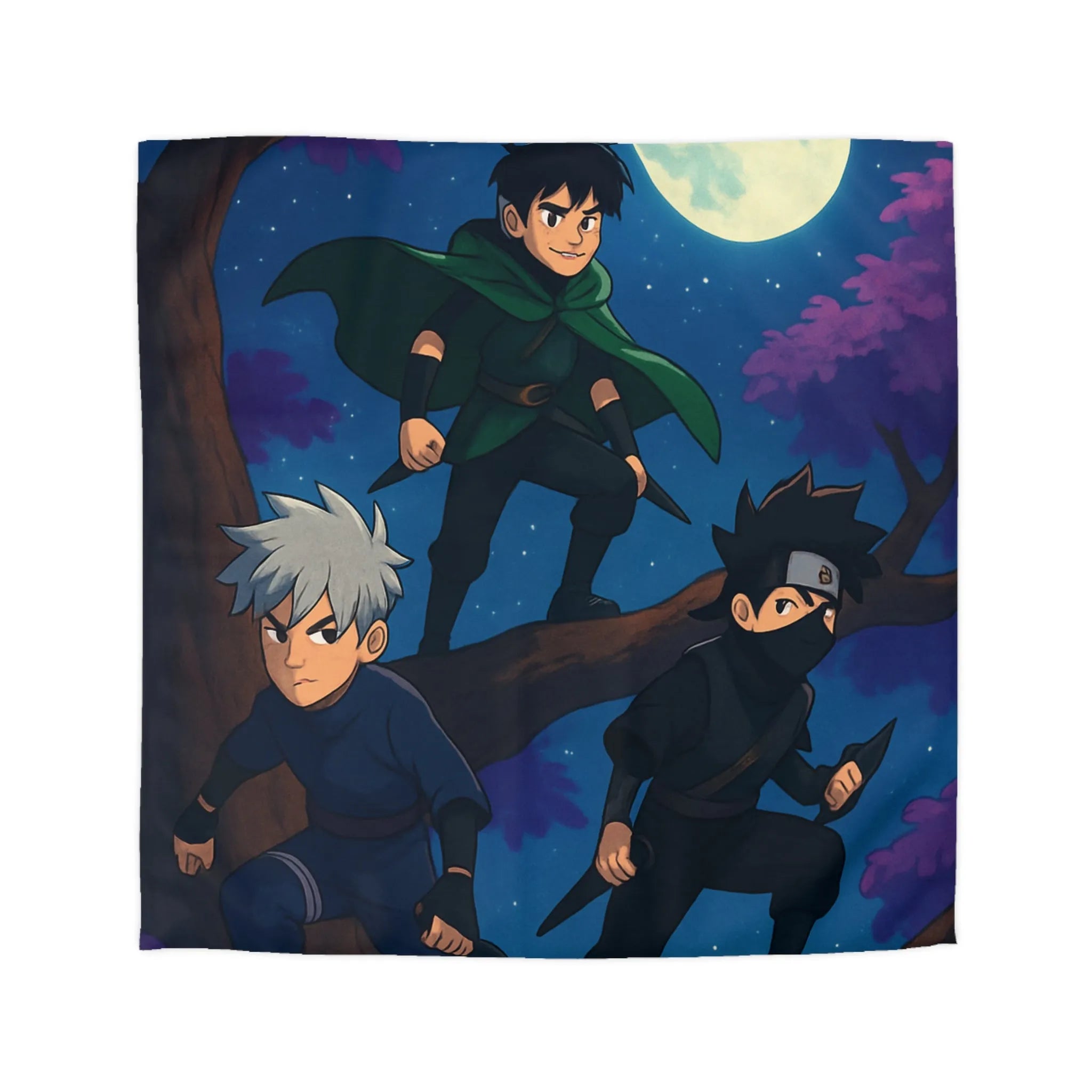 Housse de couette avec trois jeunes ninjas sous la pleine lune et ciel étoilé