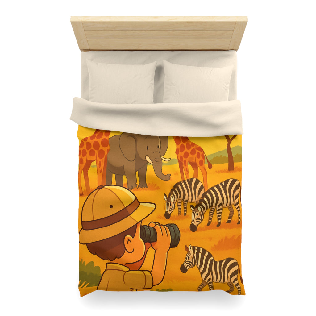 Housse de couette safari enfant avec éléphant, girafes et zèbres dans savane ensoleillée
