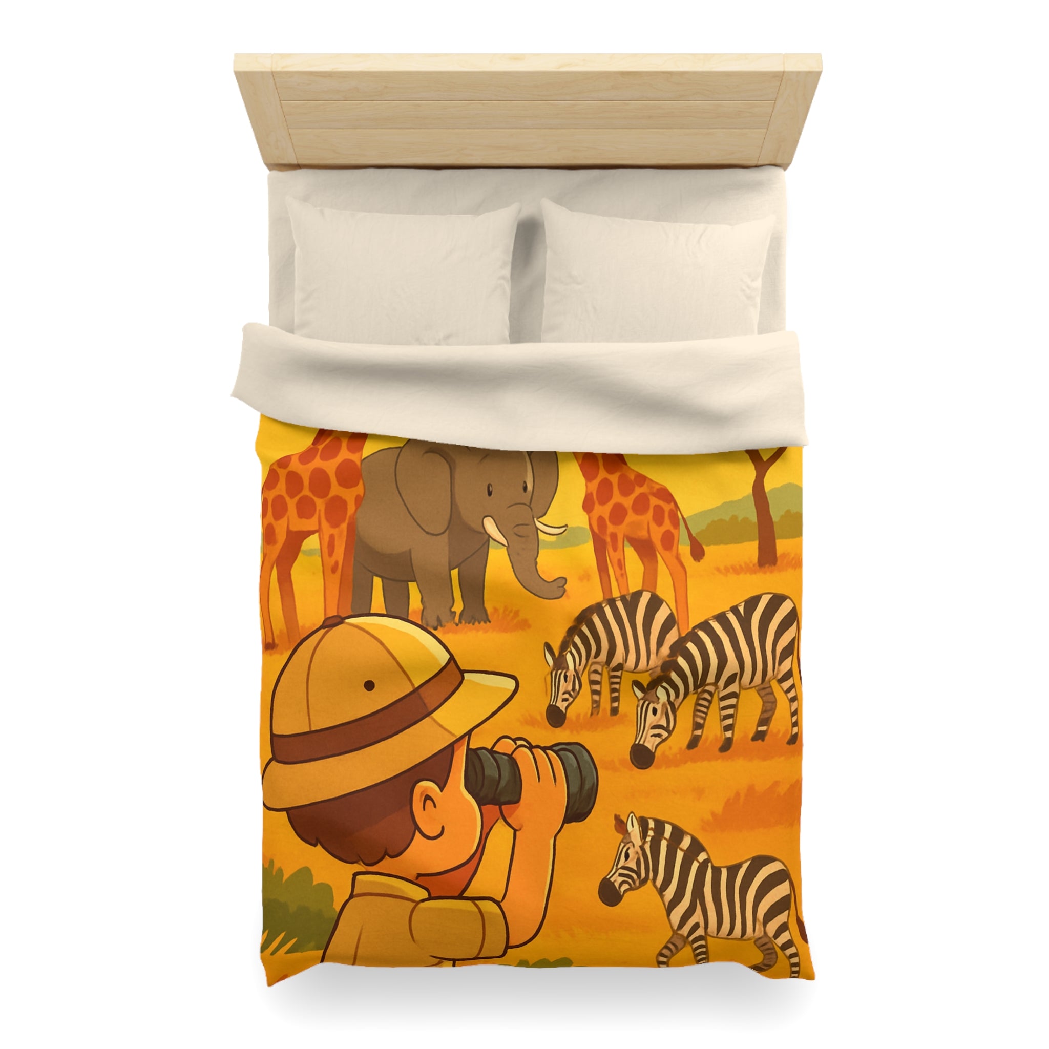 Housse de couette safari enfant avec éléphant, girafes et zèbres dans savane ensoleillée