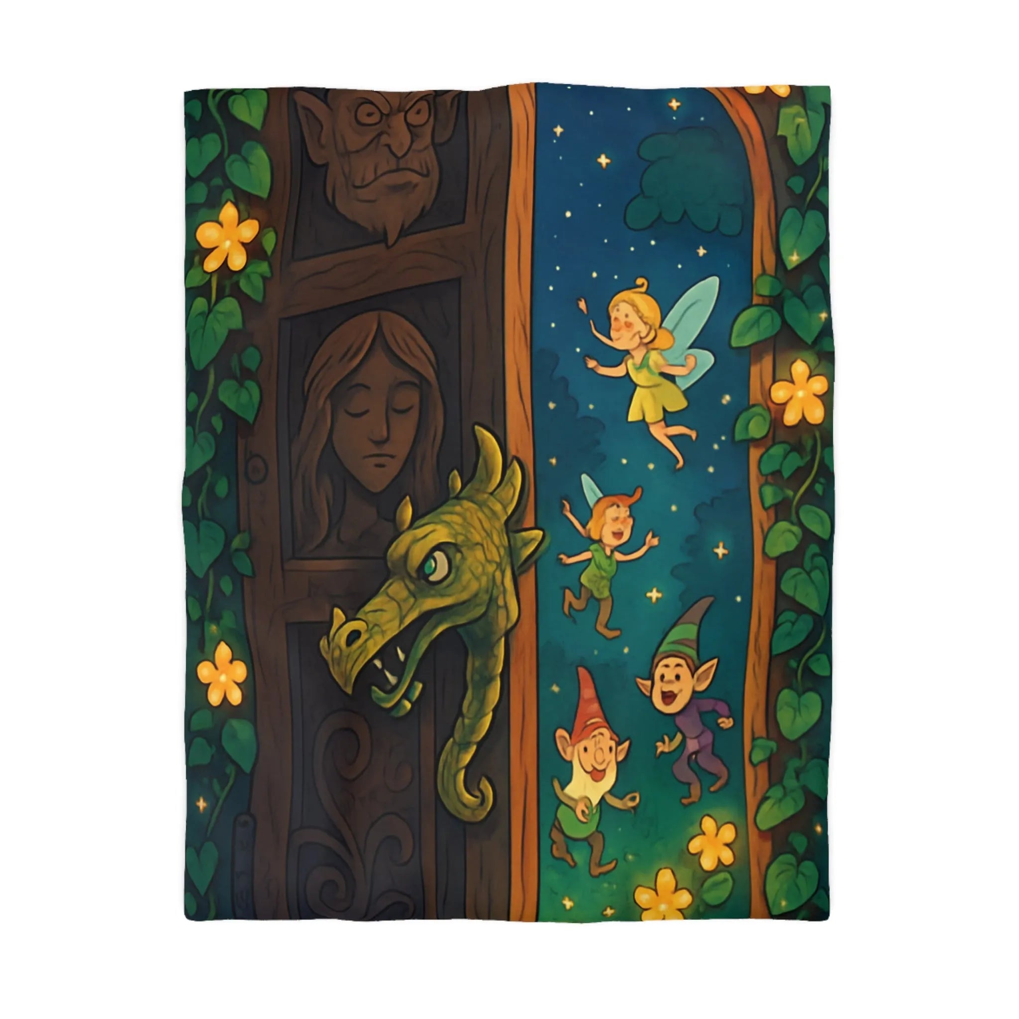 Housse de couette magique avec fées et lutins dans une forêt enchantée la nuit