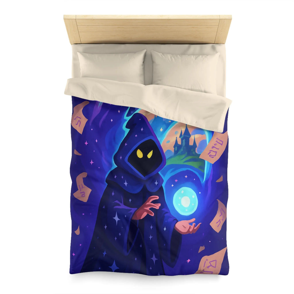 Housse de couette magique bleu nuit avec sorcier et château fantastique étoilé mystérieux