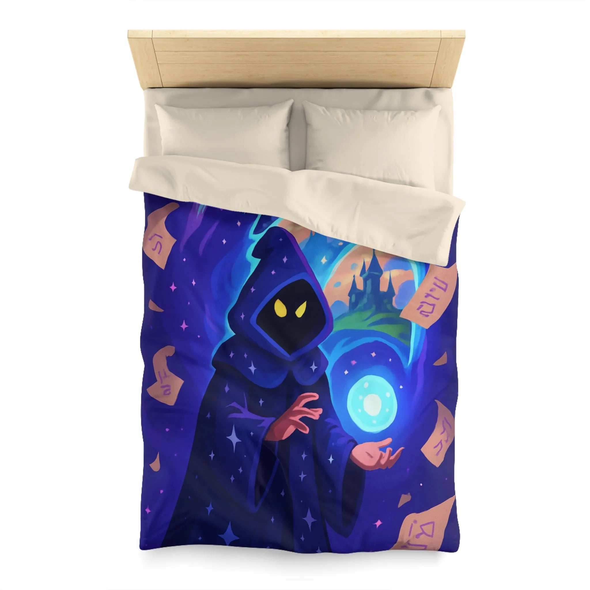 Housse de couette magique bleu nuit avec sorcier et château fantastique étoilé mystérieux