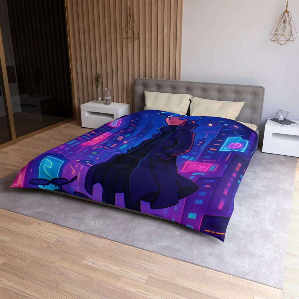 Housse de couette en néon futuriste avec personnage mystérieux et skyline cyberpunk