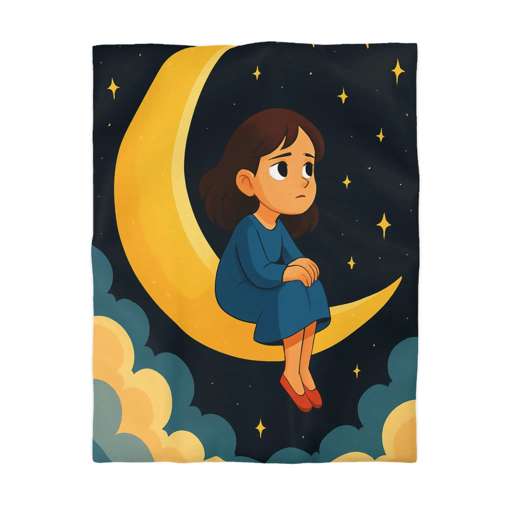 Housse de couette avec lune jaune, ciel étoilé et fille pensive en bleu