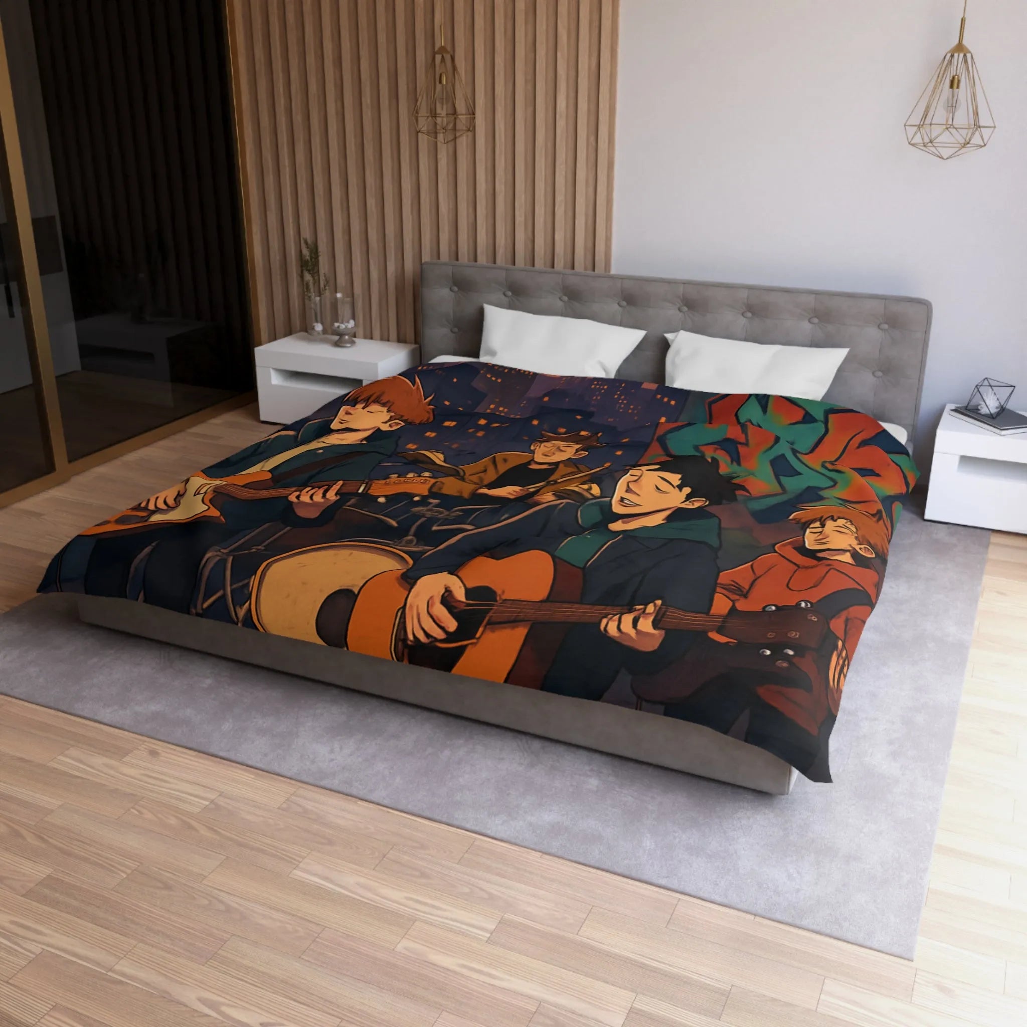 Housse de couette avec illustration de groupe jouant sur toit urbain au crépuscule