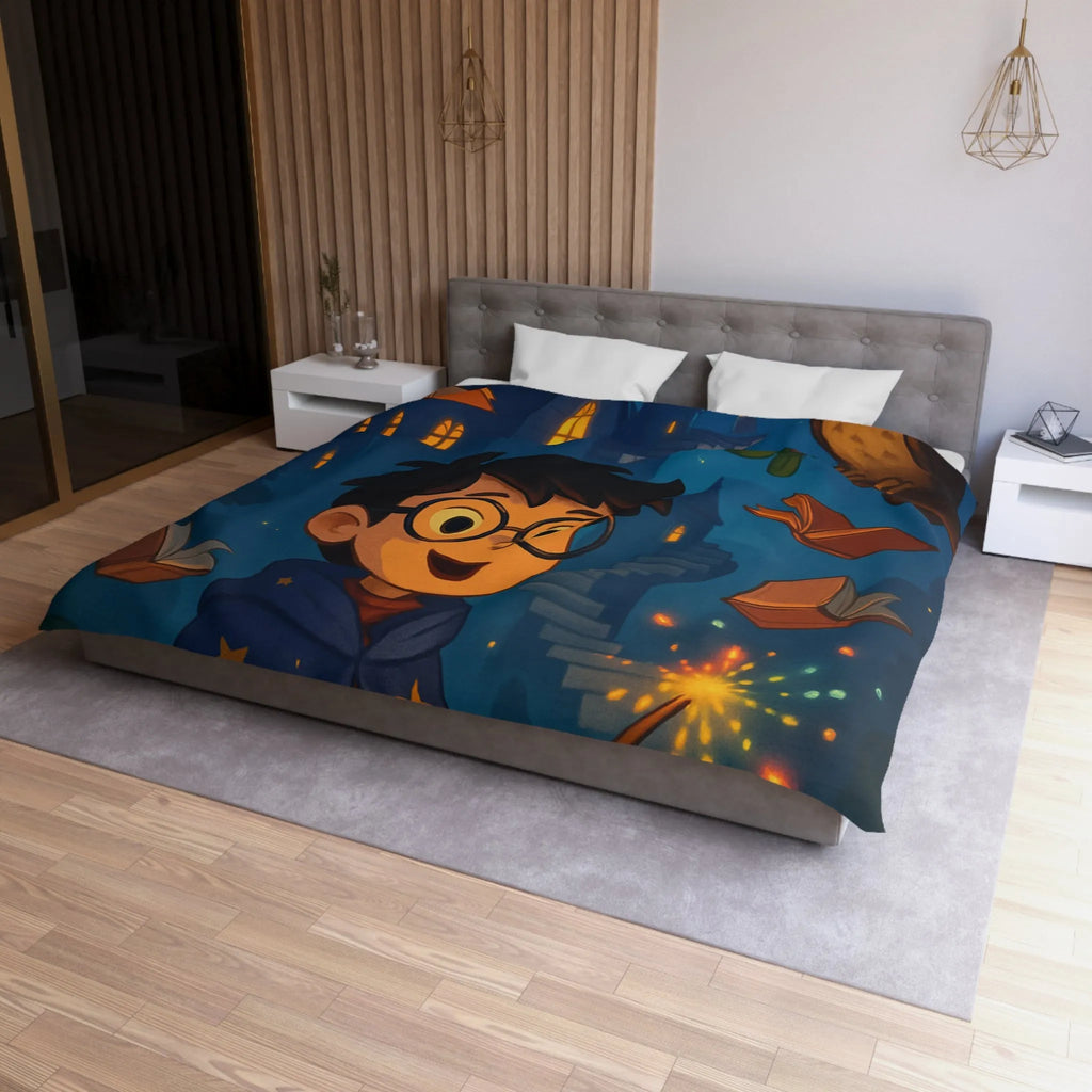 Housse de couette magique avec sorcier, hibou, château et livres enchantés étoiles