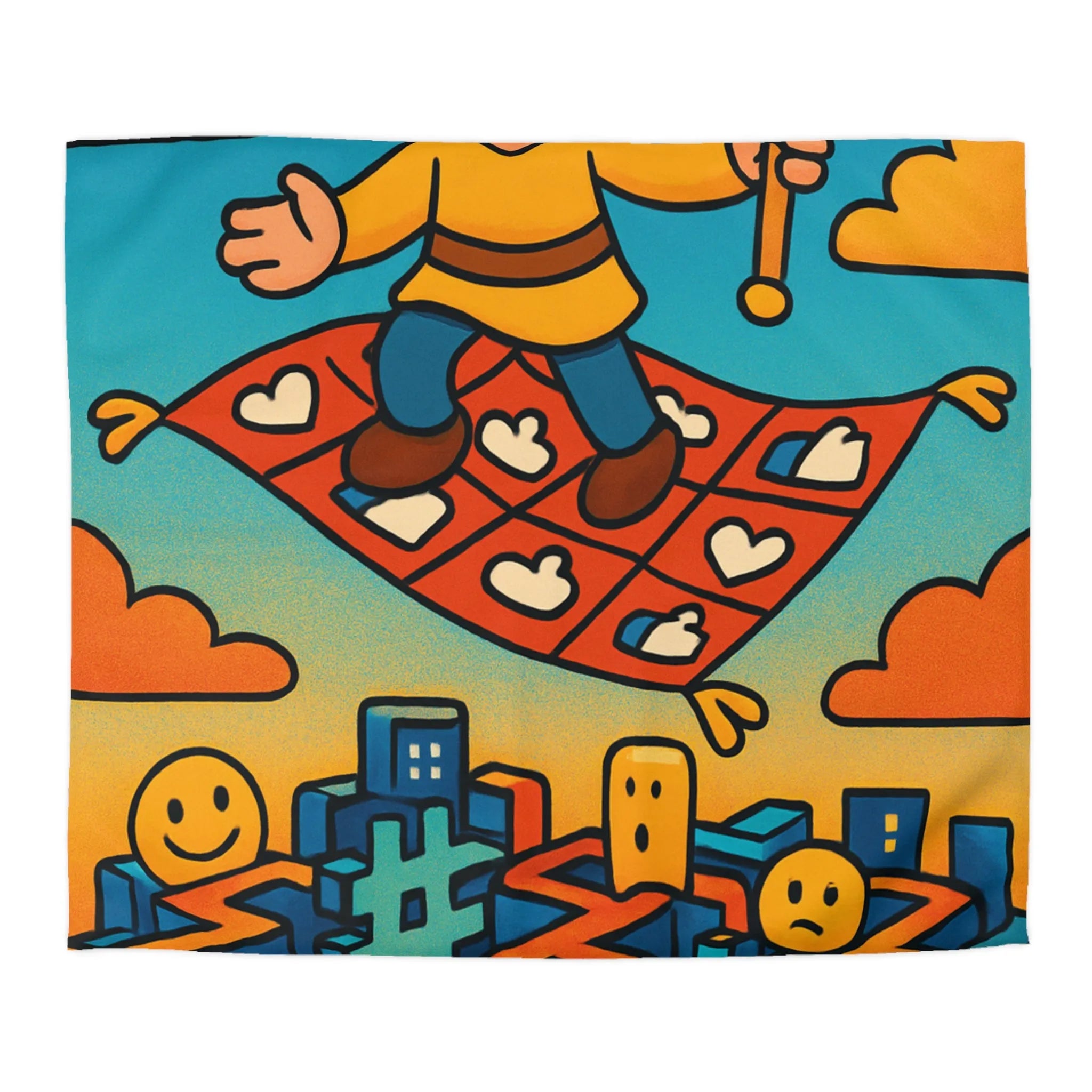 Housse de couette colorée avec un personnage sur un tapis volant magique