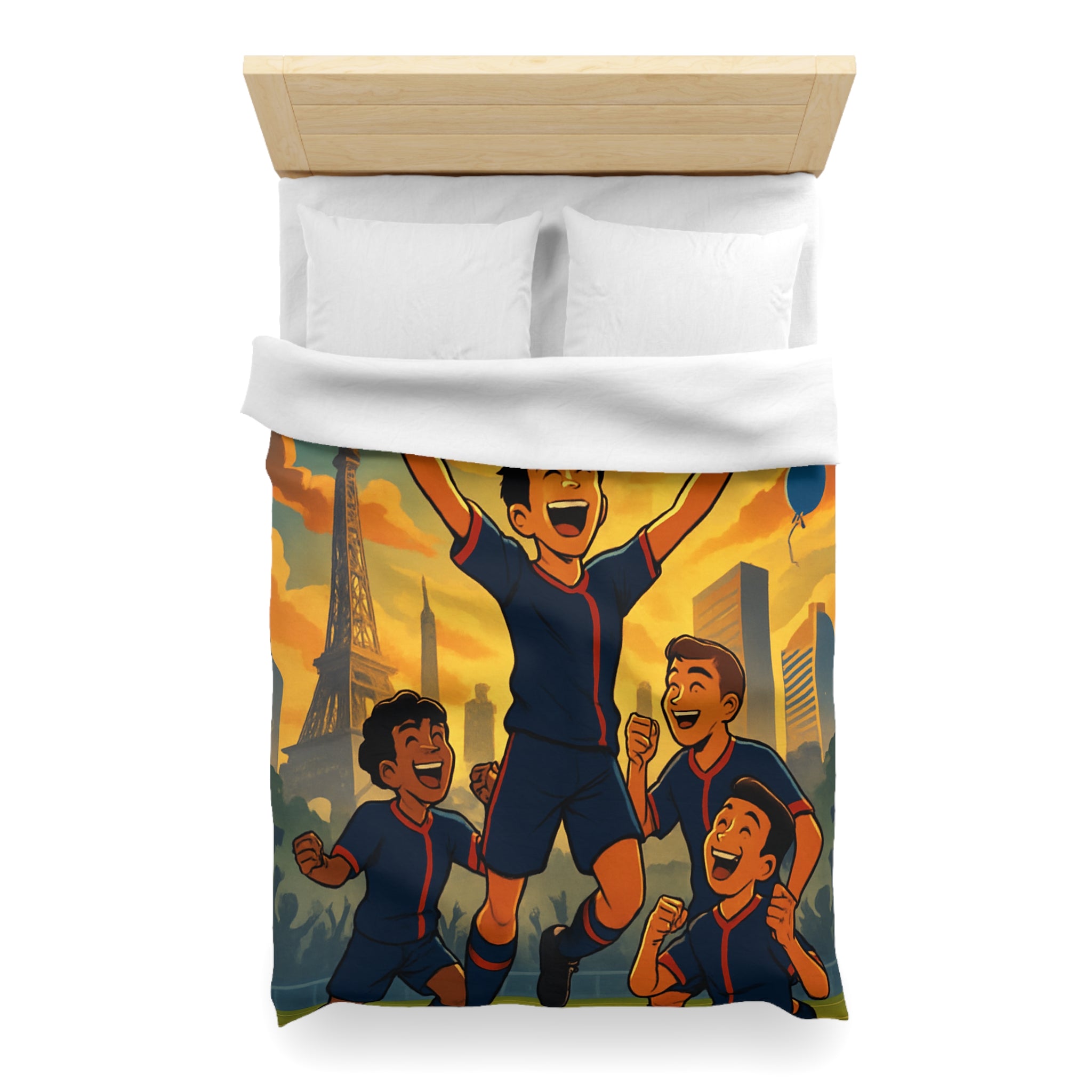 Housse de couette pour enfants avec footballeurs enthousiastes devant paysage urbain en coucher de soleil