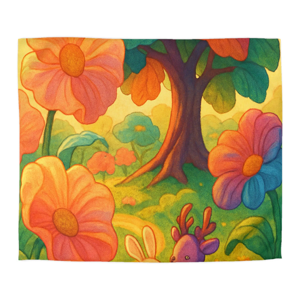 Housse de couette avec animaux mignons et fleurs colorées dans une forêt féerique