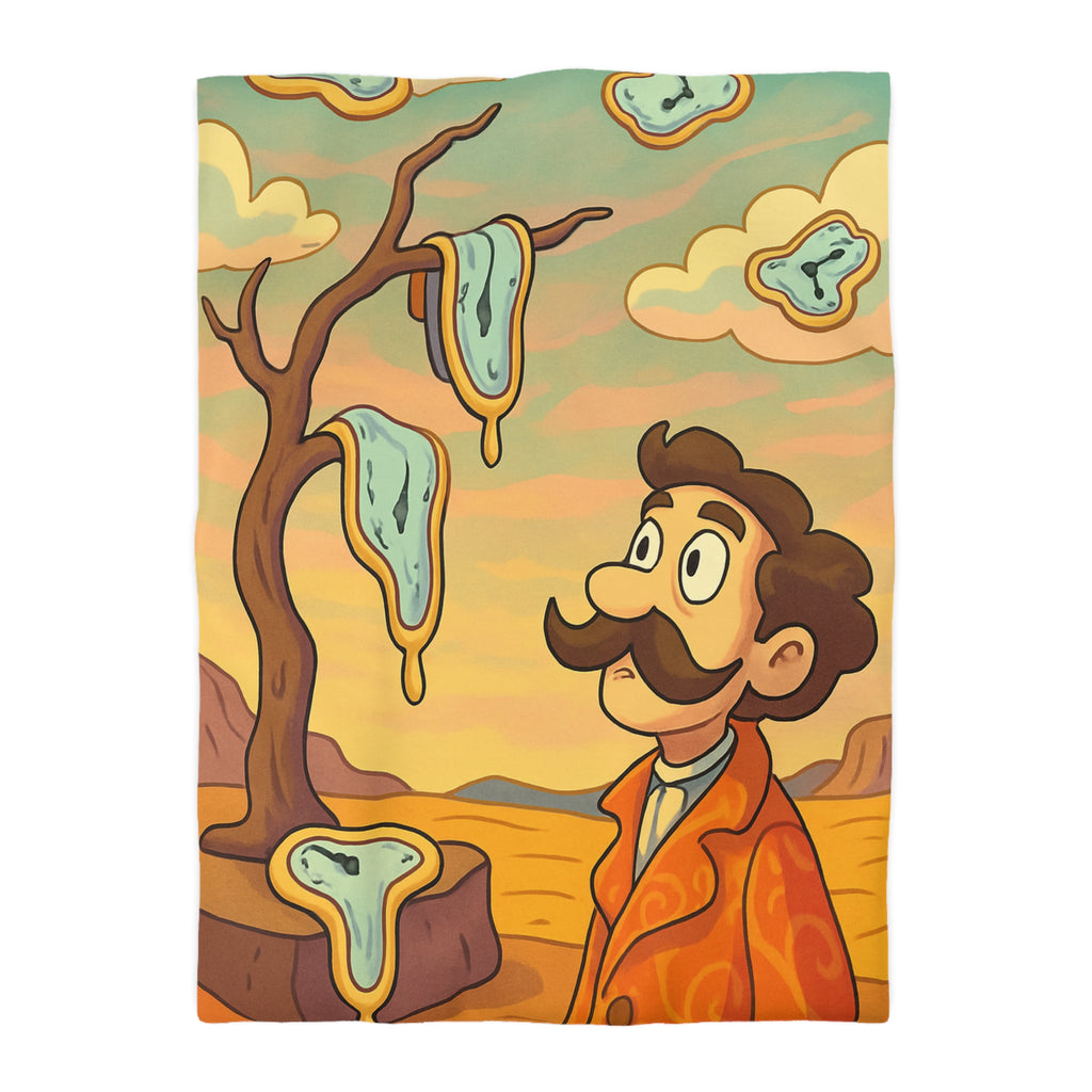 Housse de couette style surréaliste avec montres molles et paysage désertique vibrant