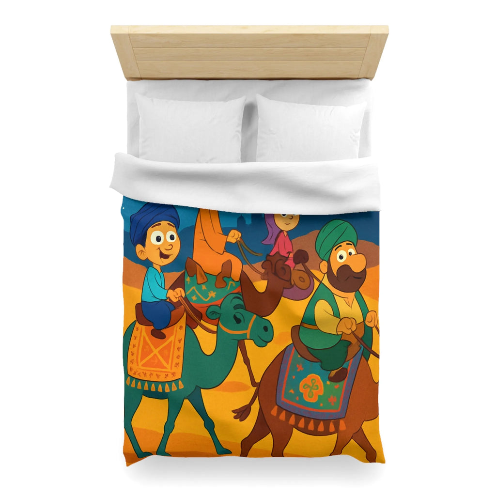Housse de couette illustrée des enfants et chameaux sous un ciel étoilé magique