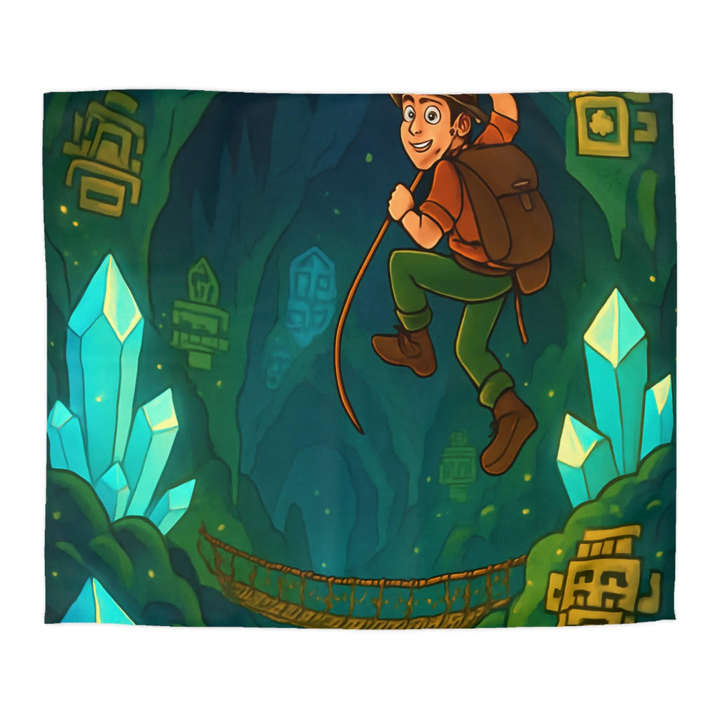 Explorateur suspendu dans une mystérieuse caverne remplie de cristaux et de mystères anciens