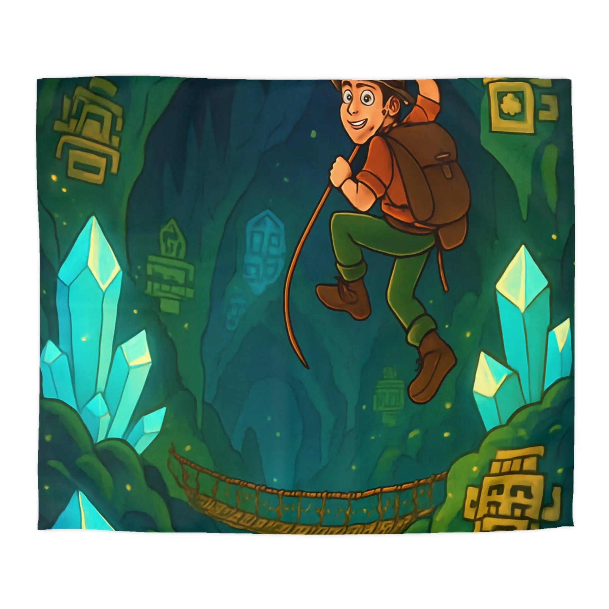 Explorateur suspendu dans une mystérieuse caverne remplie de cristaux et de mystères anciens