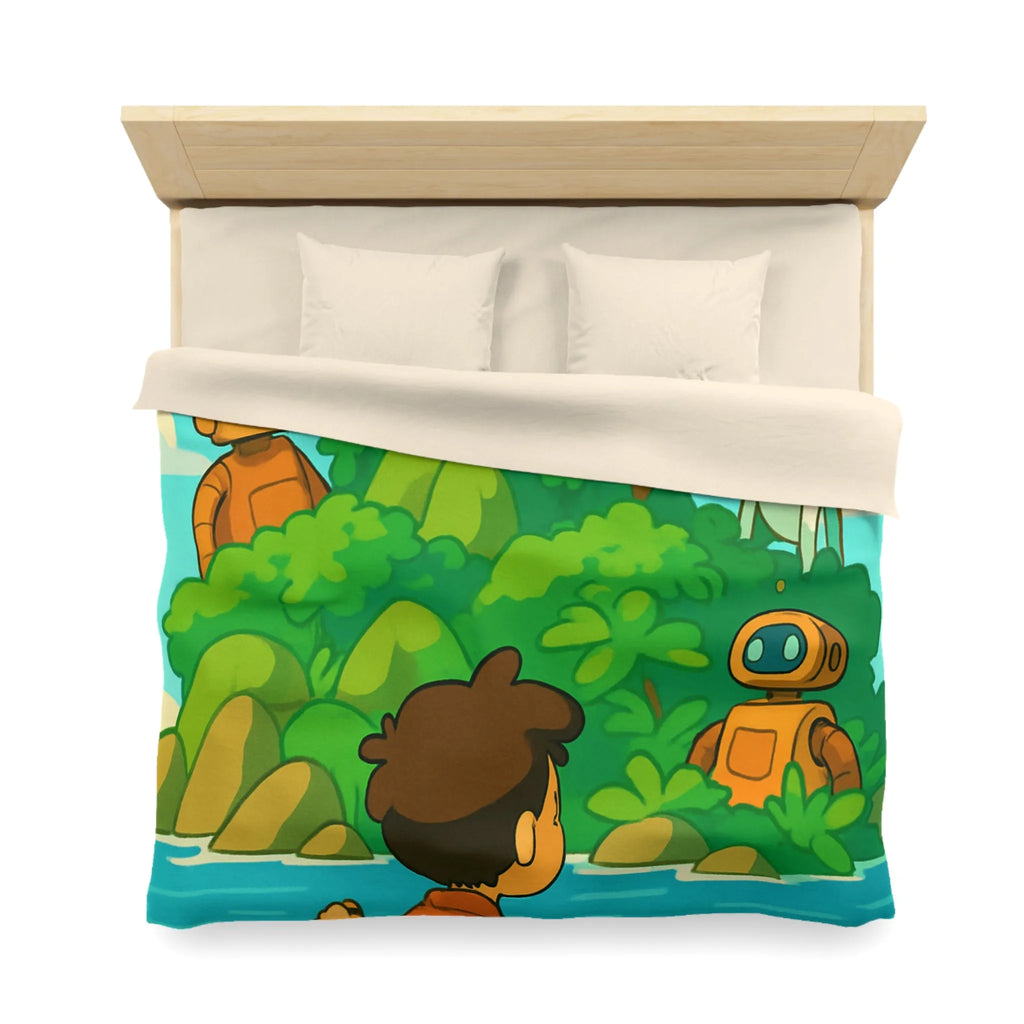 Housse de couette avec robots ludiques et enfant en bateau sur lac serein