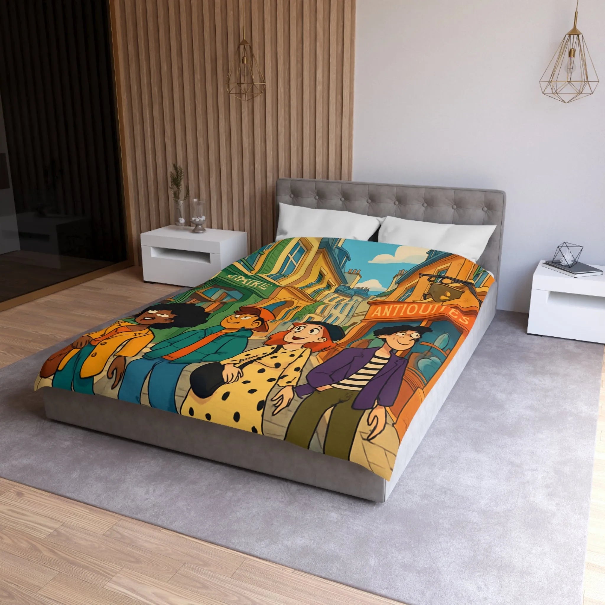 Housse de couette élégante avec design de rue parisienne animée et jeunes explorateurs