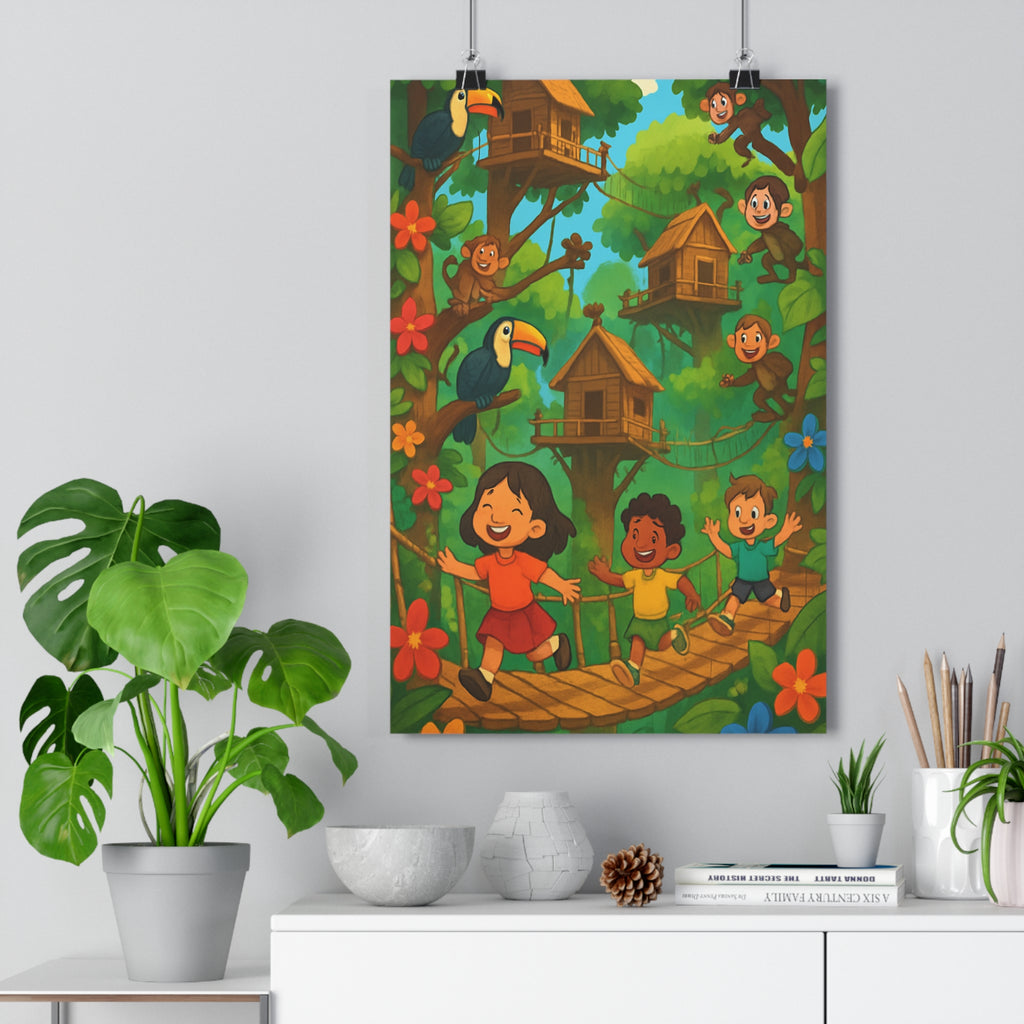 Poster décoratif cartoon forêt amazonienne enfants joyeux animaux colorés chambre ludique vibrant unique rêveur