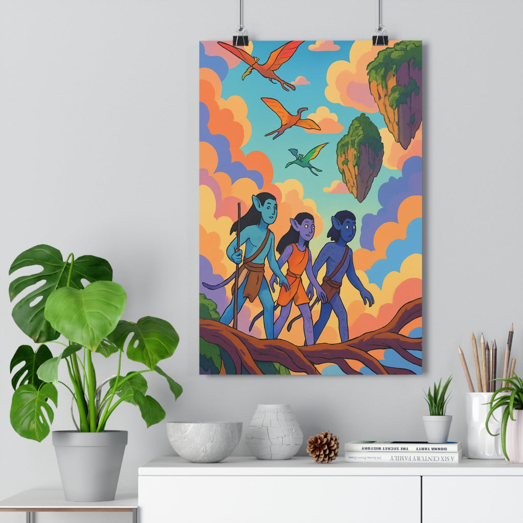 Poster décoratif anime aventure personnages bleus paysages flottants créatures volantes chambre magique vibrant ambiance
