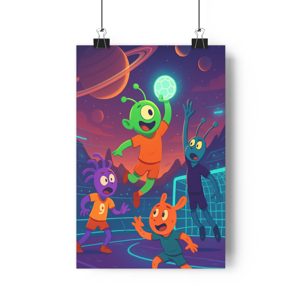 Poster décoratif futuriste handball cartoon extraterrestre vibrant coloré chambre enfant mur espace original qualité