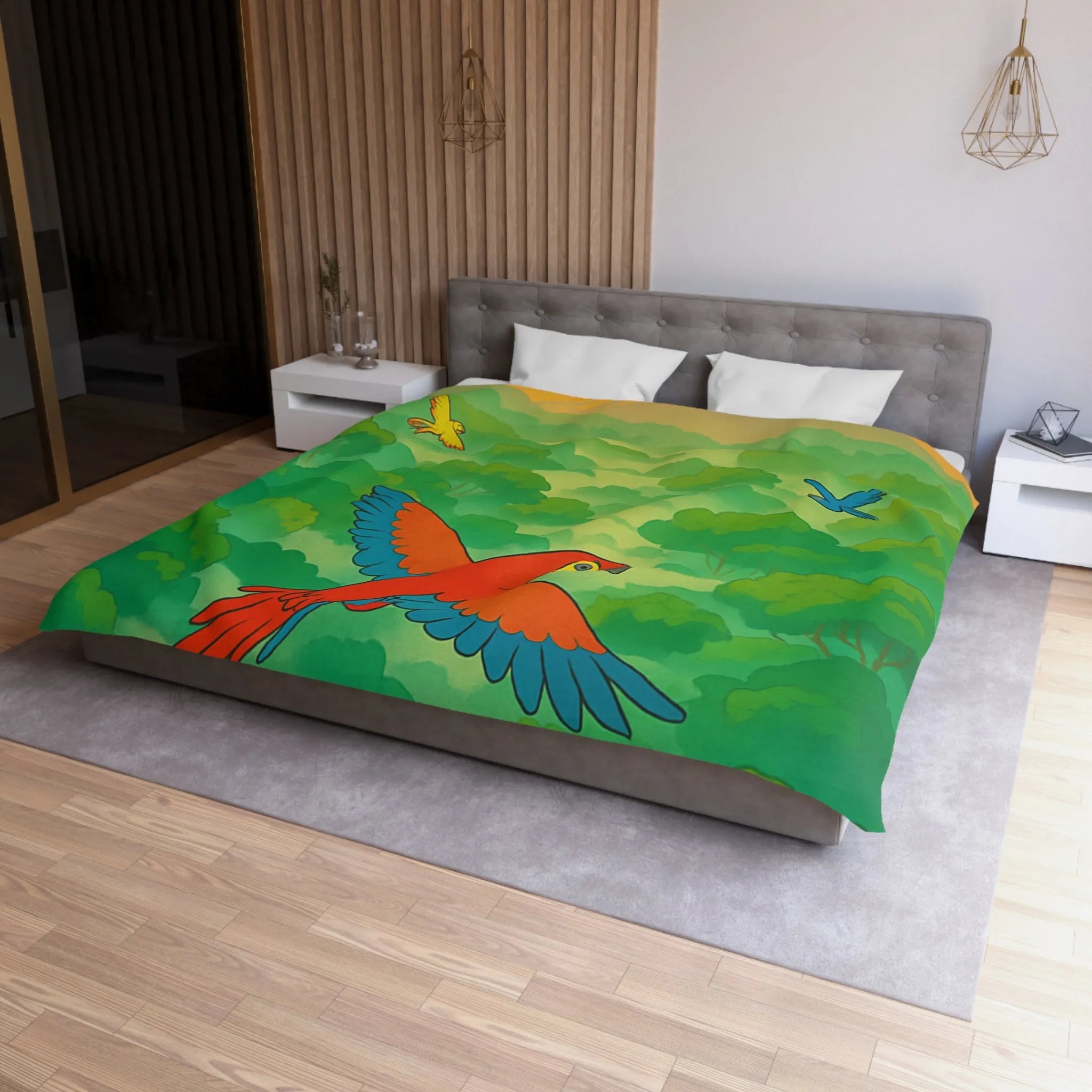 Housse de Couette Colorée Tropicale avec Perroquets et Paysage de Forêt Exotique