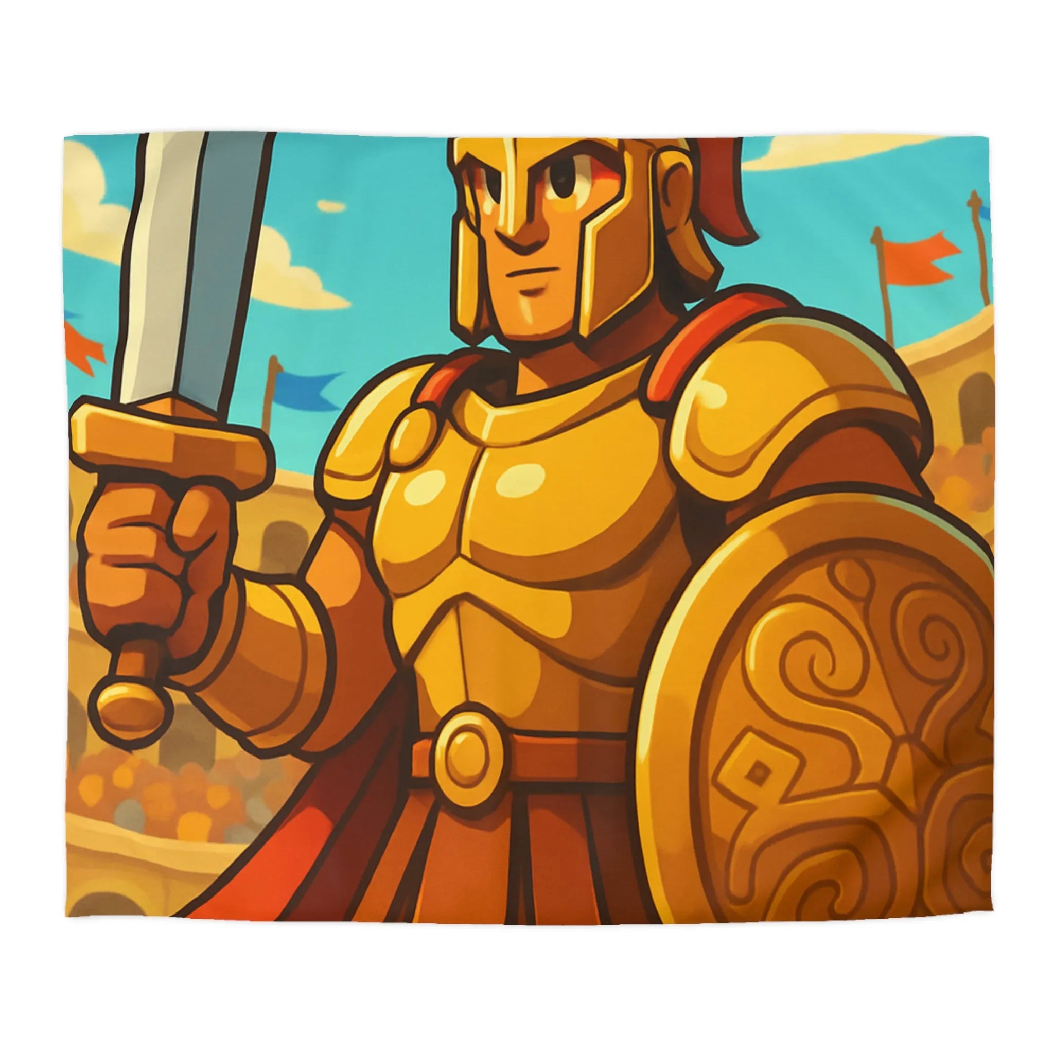 Housse de couette gladiateur doré avec épée et bouclier, décor d'arène coloré