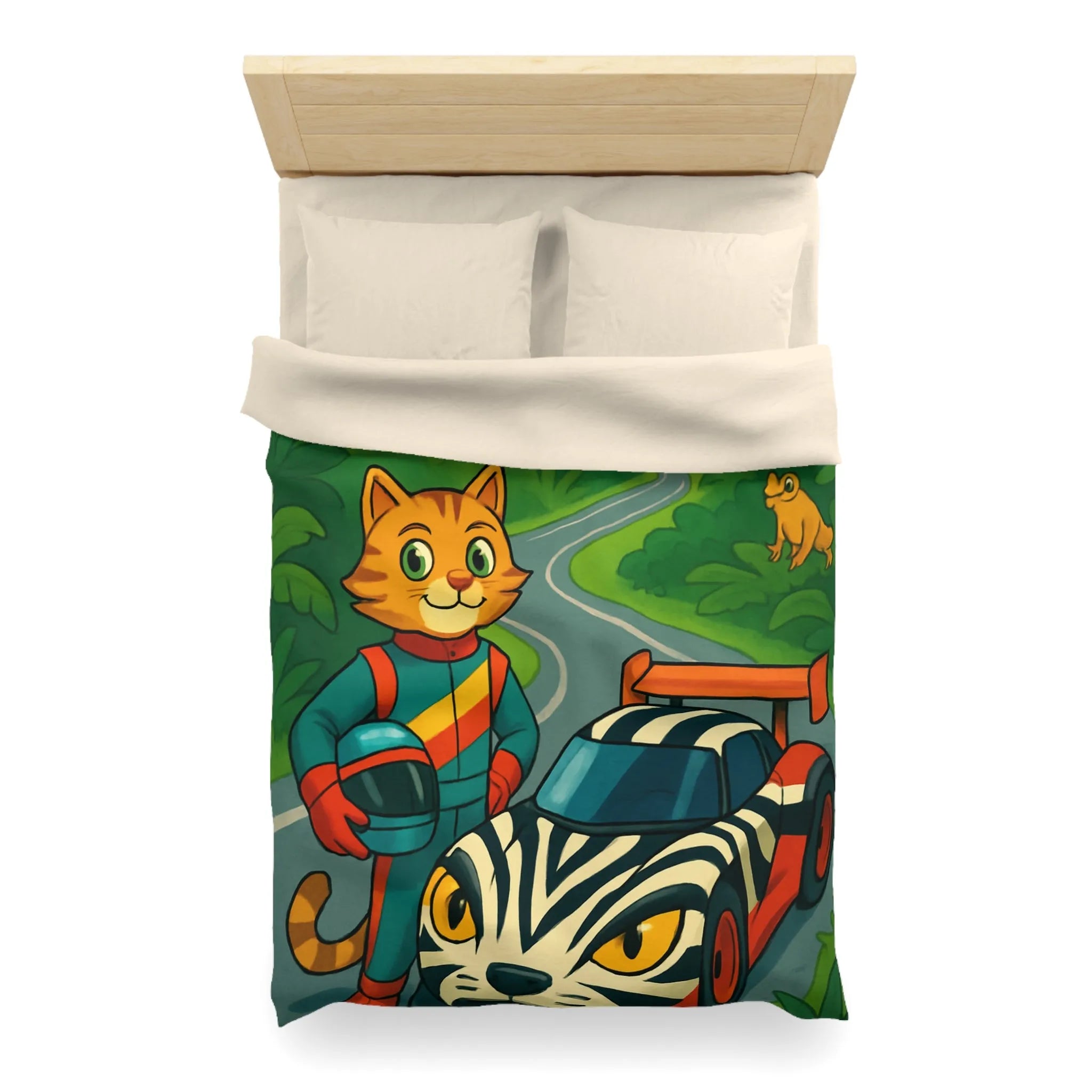 Housse de couette illustrée avec pilote chat, voiture zébrée et jungle luxuriante