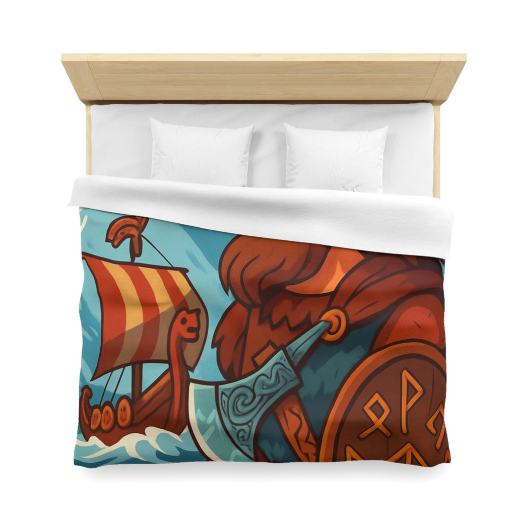 Housse de couette viking avec guerrier, montagne, navire, mer, motifs runiques