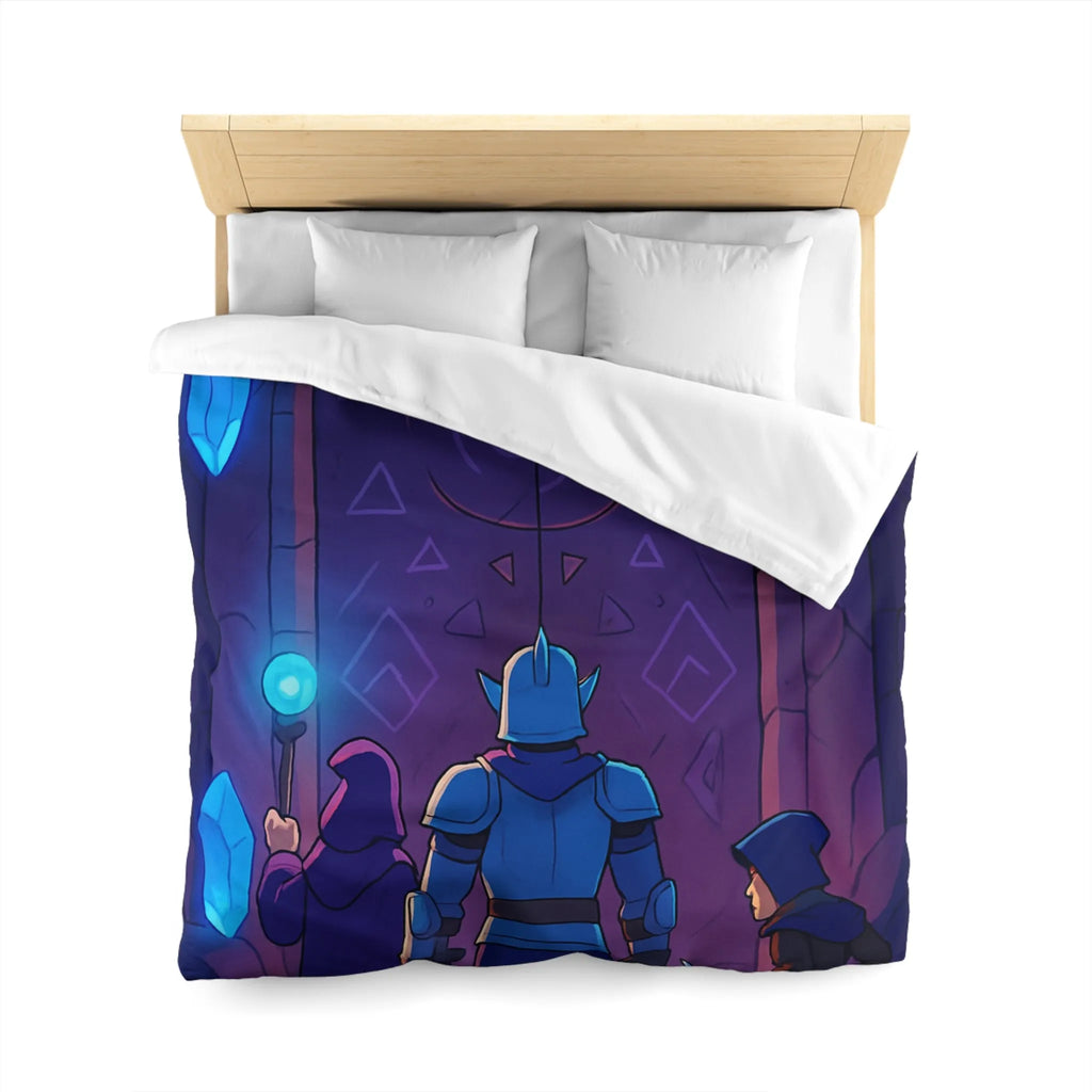 Housse de couette médiévale fantasy avec chevalier et magicien devant porte mystique