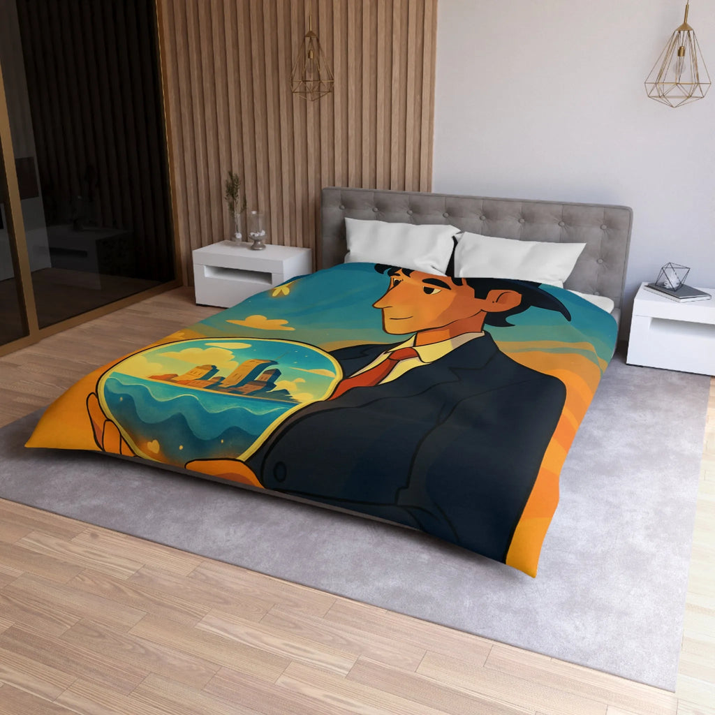 Housse de couette avec illustration surréaliste d'un homme tenant une sphère magique